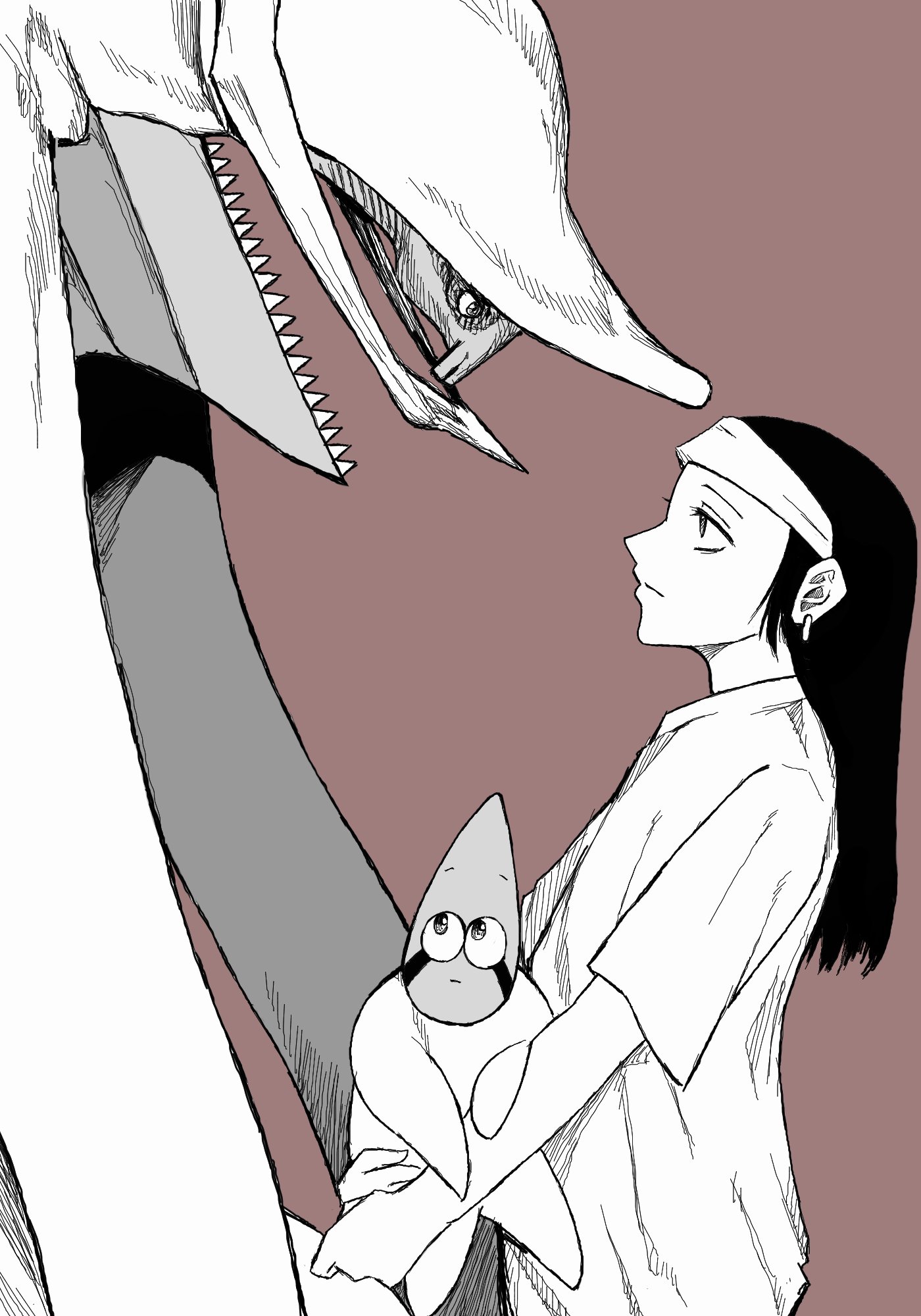 fe (tetsu), hoshimaru, koga norio, narutaru, highres, 1boy, black hair, earrings, greyscale, jewelry, long hair, male focus, monochrome, single earring, vagina dentata (narutaru)