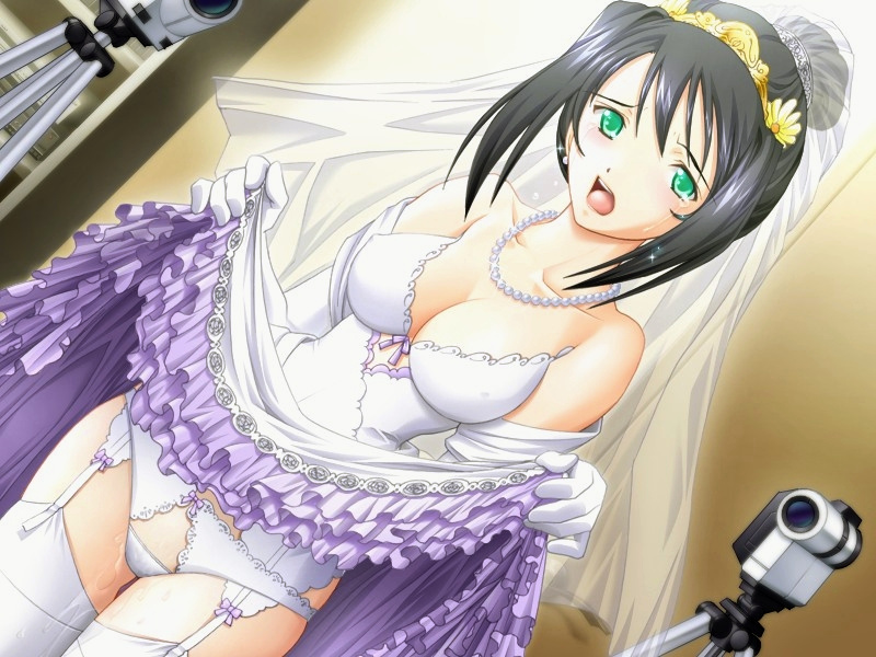 ribahara aki, akehime mayu, ail soft, kyouhaku 2, game cg, 1girl, black hair, breasts, bridal veil, bride, camcorder, camera, cleavage, clothes lift, covered erect nipples, crying, crying with eyes open, dress, dress lift, dutch angle, female focus, frills, garter belt, green eyes, hair up, jewelry, necklace, open mouth, panties, pussy juice, short hair, skirt, skirt lift, solo, tears, thigh gap, thighhighs, thighs, underwear, veil, video camera, wedding dress, white panties