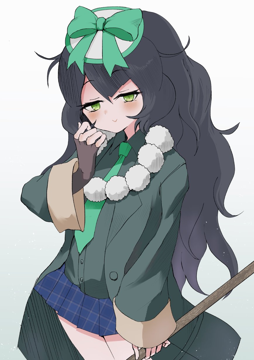 gaga (gamerakero), kemono friends, highres, 1girl, black hair, blue skirt, blush, bow, brown gloves, collared shirt, cowboy shot, fingerless gloves, gloves, green bow, green eyes, green jacket, green necktie, green shirt, green trim, hair between eyes, hat, jacket, long hair, long sleeves, looking at viewer, necktie, open clothes, open jacket, plaid clothes, plaid skirt, pleated skirt, sagojo (kemono friends), shirt, sidelocks, skirt, smile, solo, staff, white hat
