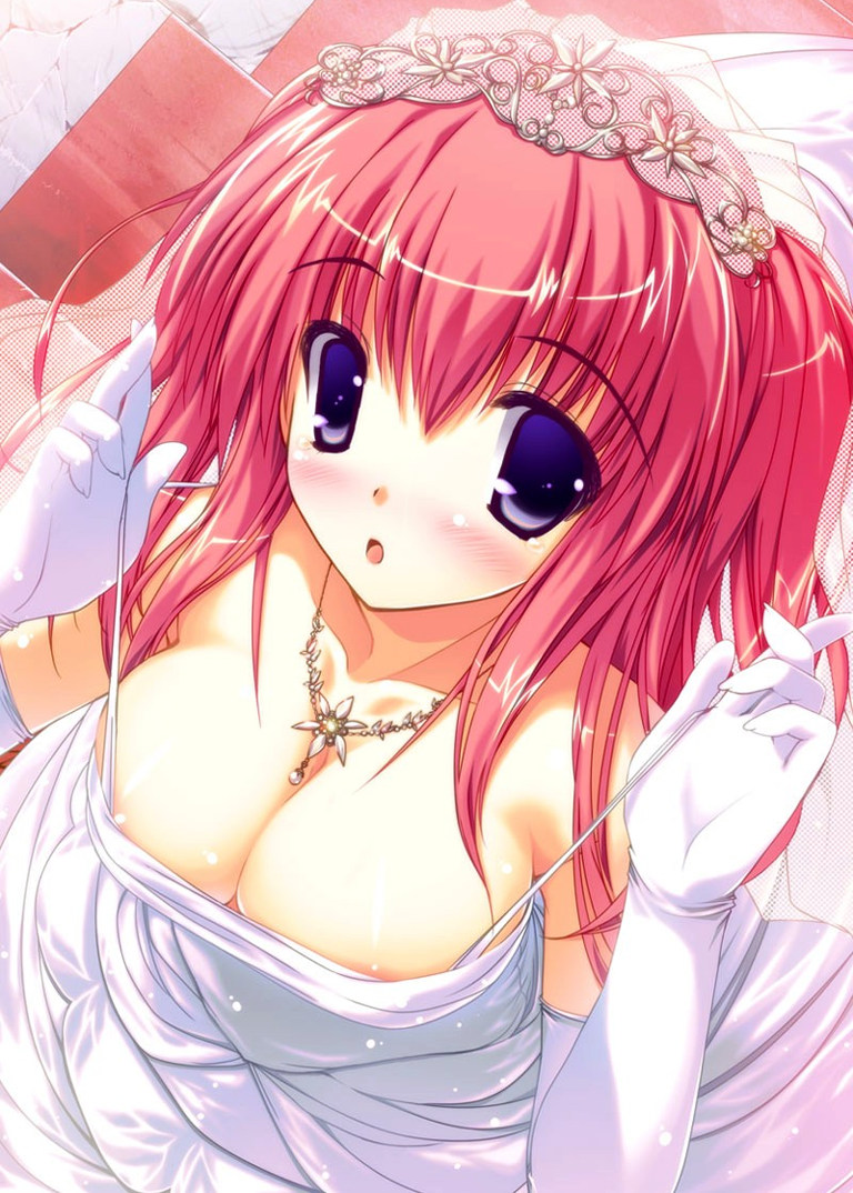 yuki usagi, himemiya arisu, pastel (game), 1girl, areola slip, bare shoulders, blue eyes, blush, breasts, bride, cleavage, dress, elbow gloves, female focus, from above, gloves, hairband, huge breasts, jewelry, large breasts, necklace, nipple slip, nipples, open mouth, pink hair, purple eyes, red hair, solo, strap lift, wedding dress