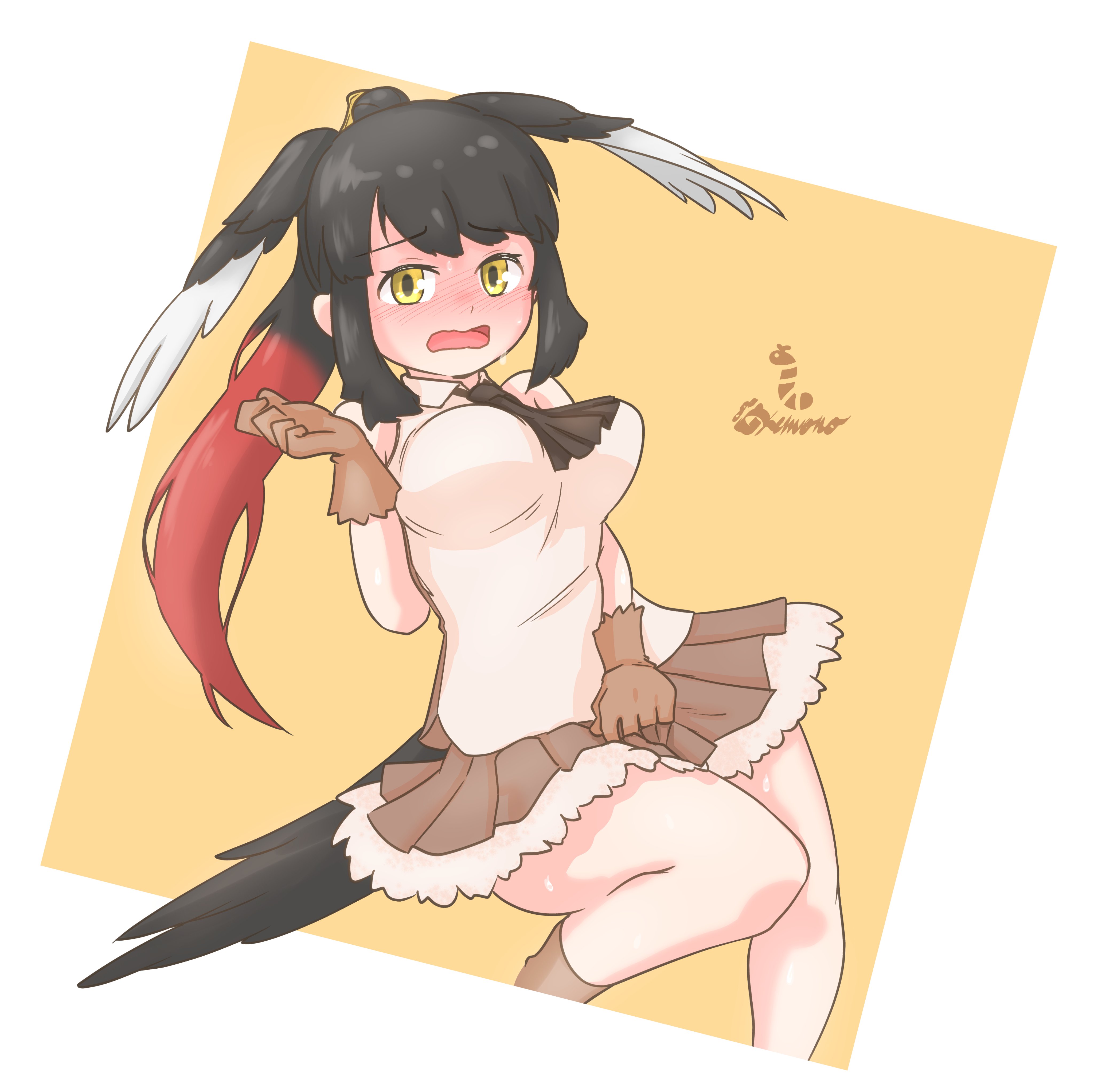 nokemono-san (bocchi friend), saddlebilled-stork (kemono friends), kemono friends, absurdres, highres, 1girl, alternate costume, bare shoulders, bird girl, bird tail, bird wings, black hair, blush, brown gloves, brown neckerchief, brown shirt, brown skirt, brown socks, collared shirt, cosplay, cowboy shot, embarrassed, frilled gloves, frills, full-face blush, fur trim, gloves, head wings, long hair, multicolored hair, neckerchief, pleated skirt, ponytail, red hair, shirt, sidelocks, skirt, sleeveless, socks, solo, tail, tree sparrow (kemono friends), tree sparrow (kemono friends) (cosplay), two-tone shirt, white hair, white shirt, wings, yellow eyes