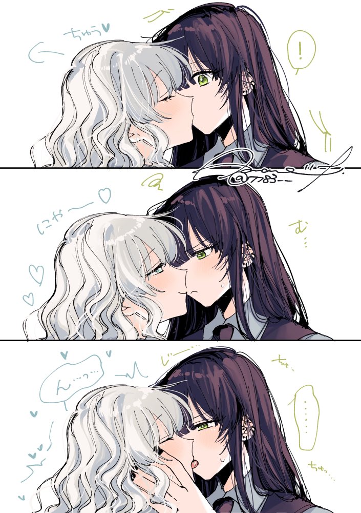amane (7783), original, commentary, symbol-only commentary, 2girls, black hair, black nails, black necktie, blue eyes, ear piercing, french kiss, green eyes, grey shirt, kiss, long hair, multiple girls, nail polish, necktie, piercing, shirt, sweatdrop, white hair, yuri