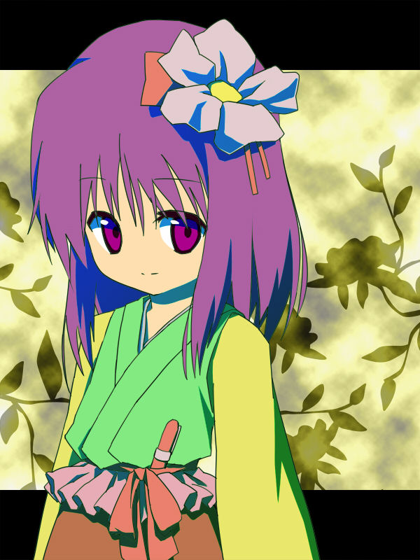 sawayaka samehada, hieda no akyuu, perfect memento in strict sense, touhou, bad id, bad pixiv id, 1girl, female focus, flower, hair flower, hair ornament, japanese clothes, kimono, plant, purple eyes, purple hair, ribbon, short hair, solo, standing