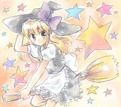 kuguri oimo, kirisame marisa, touhou, beige background, lowres, 1girl, apron, black dress, blonde hair, blush, broom, broom riding, brown eyes, dress, female focus, hat, looking at viewer, puffy short sleeves, puffy sleeves, short sleeves, simple background, solo, star (symbol), straddling, waist apron, witch hat
