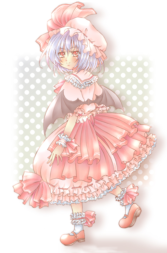 uvnono, flandre scarlet, remilia scarlet, touhou, bad id, bad pixiv id, 1girl, blue hair, blush, female focus, full body, hat, ribbon, short hair, skirt, solo, white background, wings