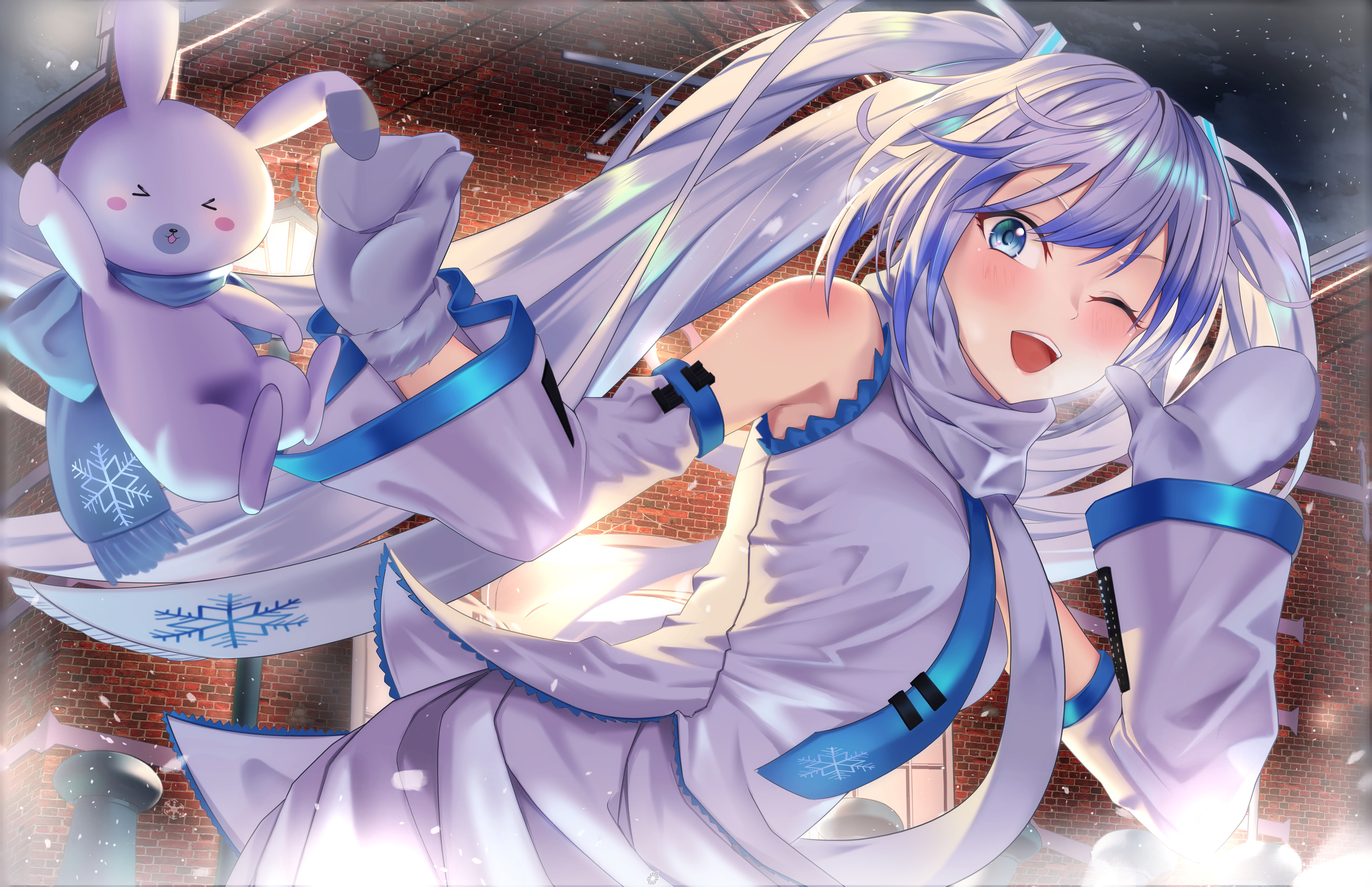 apple t (ringotyasan), hatsune miku, rabbit yukine, yuki miku, yuki miku (2011), vocaloid, absurdres, highres, 1girl, aqua scarf, blue eyes, blue necktie, blue trim, blush, breasts, detached sleeves, hair between eyes, hair ornament, long hair, long sleeves, looking at another, medium breasts, mittens, necktie, one eye closed, open mouth, rabbit, scarf, shirt, skirt, sleeveless, sleeveless shirt, smile, snowflake print, twintails, very long hair, white hair, white mittens, white scarf, white shirt, white skirt, wide sleeves