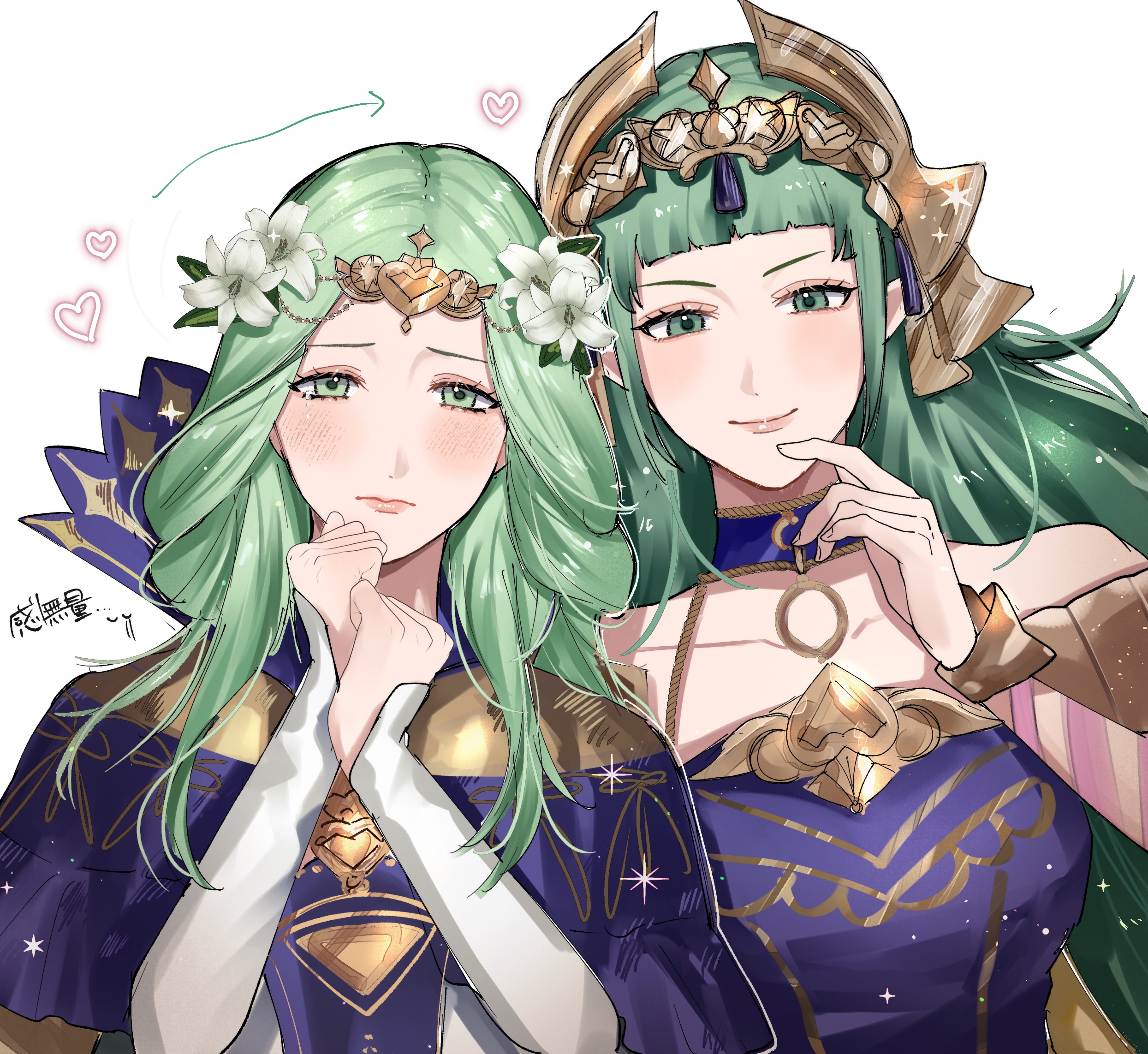 tani11a, rhea (fire emblem), sothis (adult) (fire emblem), fire emblem, fire emblem: fortune's weave, fire emblem: three houses, nintendo, highres, 2girls, arm wrap, blush, breasts, circlet, closed mouth, collarbone, dress, flower, green eyes, green hair, hair flower, hair ornament, headpiece, heart, height difference, long hair, looking at viewer, medium breasts, multiple girls, pointy ears, purple dress, ribbon, smile, tassel, tassel hair ornament, tiara, upper body