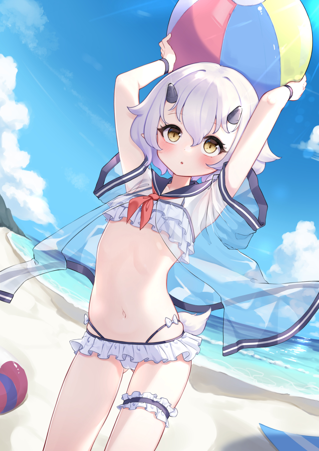 shokupan (slvk12), original, commentary request, highres, 1girl, arms up, ball, beach, beachball, bikini, blue sky, blush, cloud, day, frilled bikini, frilled thigh strap, frills, hair between eyes, holding, holding ball, horns, looking at viewer, navel, neckerchief, ocean, outdoors, red neckerchief, sailor collar, see-through clothes, short hair, short sleeves, sky, solo, standing, swimsuit, thigh strap, white hair, yellow eyes