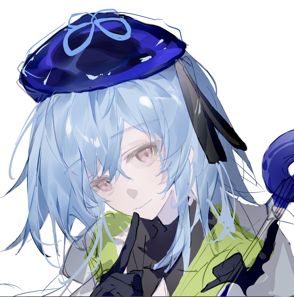 xinjinjumin187636978071, mizuki (arknights), arknights, chinese commentary, commentary request, highres, 1boy, blue hair, cheek poking, hat, hat ribbon, looking at viewer, male focus, pink eyes, poking, ribbon, solo, white background