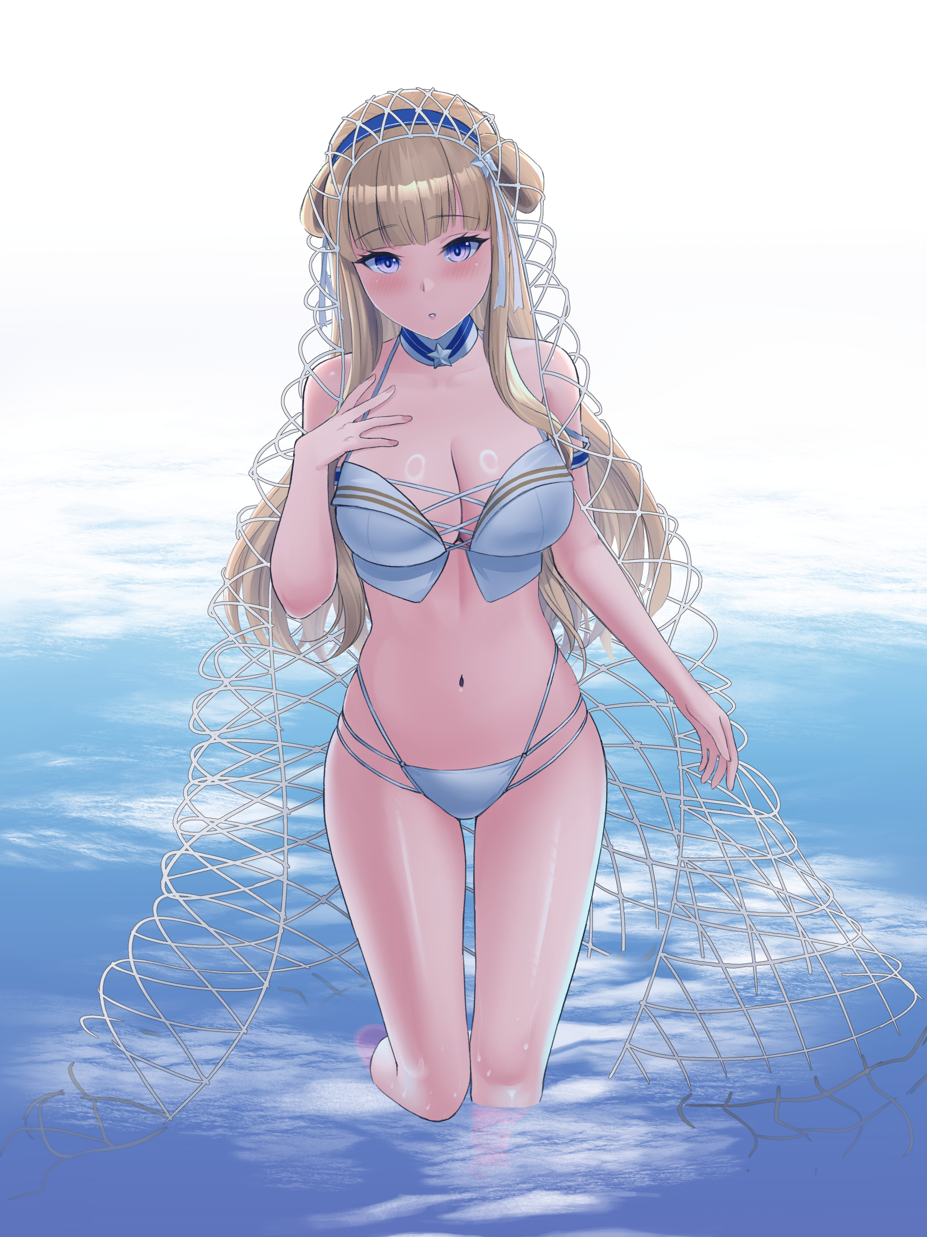 odachu, fletcher (kancolle), fletcher (swimsuit) (kancolle), fletcher kai (kancolle), kantai collection, absurdres, commentary request, highres, 1girl, bikini, blonde hair, blue eyes, blue hairband, blush, breasts, cargo net, cleavage, closed mouth, day, double bun, hair bun, hair ornament, hairband, large breasts, long hair, looking at viewer, navel, ocean, official alternate costume, outdoors, purple eyes, smile, solo, star (symbol), stomach, swimsuit, very long hair, wading, water, white bikini
