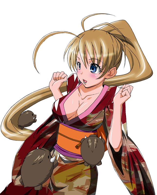 yuukami (wittsu), original, 1girl, blonde hair, blue eyes, blush, boar, breasts, cleavage, covered erect nipples, female focus, japanese clothes, kimono, large breasts, long hair, open mouth, ponytail, sideboob, solo
