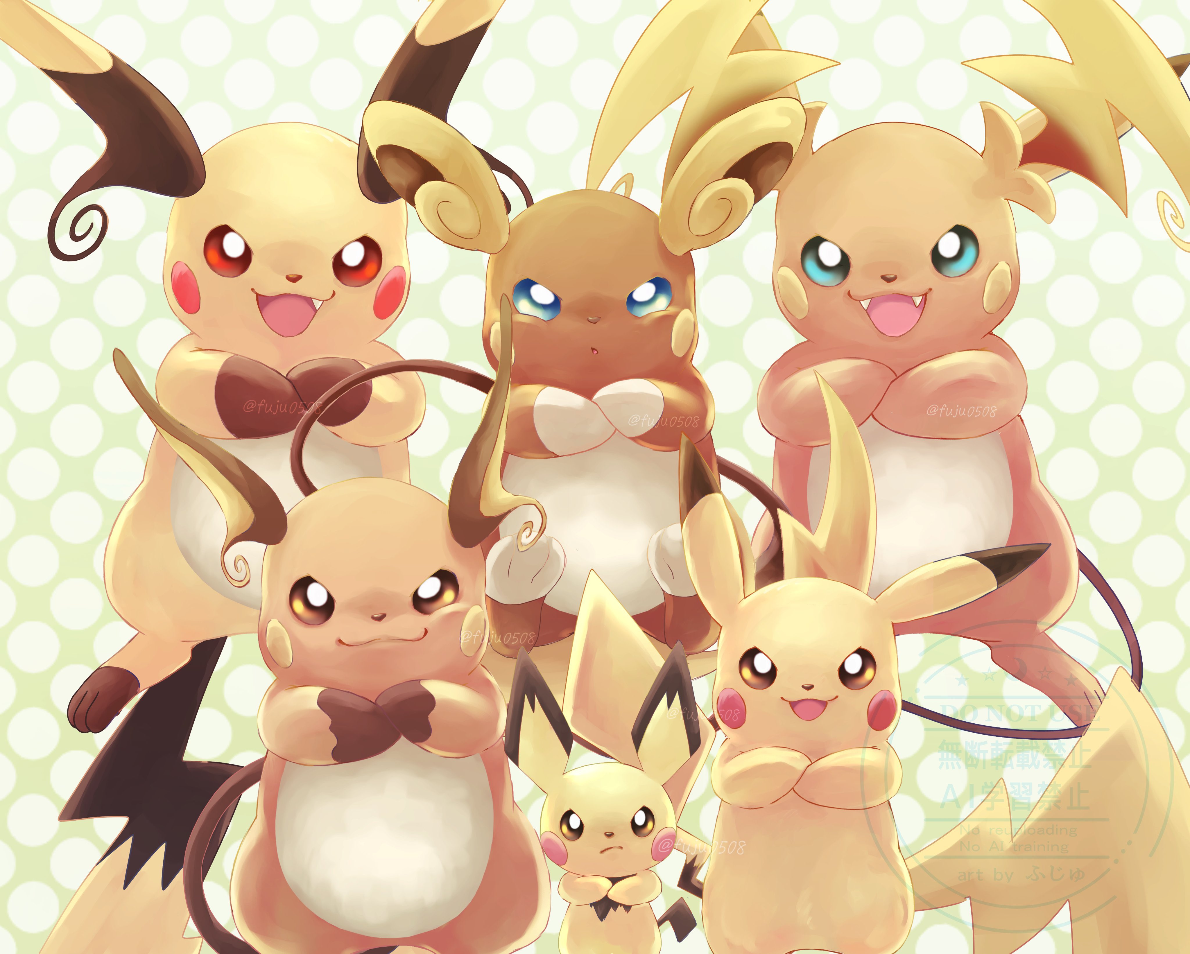 alolan raichu, mega raichu x, mega raichu y, pichu, pikachu, raichu, nintendo, pokemon, pokemon legends: z-a, absurdres, highres, alolan form, blue eyes, brown eyes, closed mouth, crossed arms, evolutionary line, fang, fangs, fuju0508, gen 1 pokemon, gen 2 pokemon, gen 7 pokemon, mega pokemon, multiple tails, no humans, open mouth, orange fur, pokemon (creature), pokemon focus, red eyes, regional and normal, smile, tail, very long ears, yellow fur