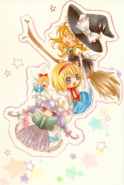 shiratama (mofutto), alice margatroid, kirisame marisa, patchouli knowledge, shanghai doll, touhou, 3girls, apron, blonde hair, blue dress, book, broom, broom riding, capelet, chibi, crescent, dress, female focus, grimoire, hairband, hat, jitome, long hair, long sleeves, looking at viewer, mob cap, multiple girls, open book, purple dress, purple eyes, purple hair, reading, short hair, very long hair, waist apron, witch hat