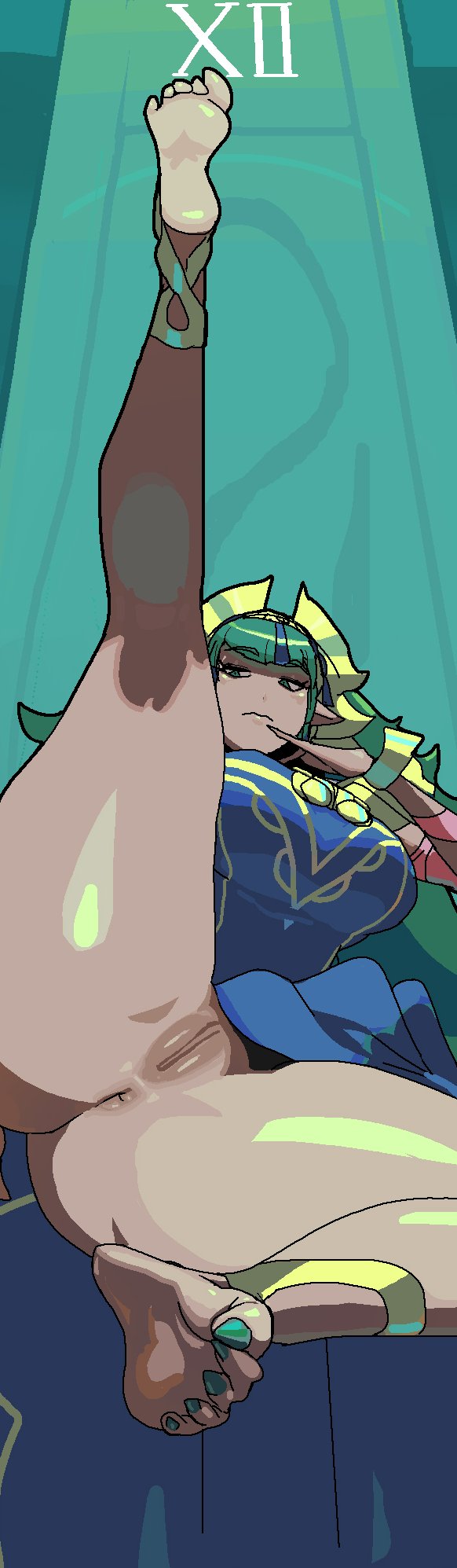 dolekat, sothis (adult) (fire emblem), sothis (fire emblem), fire emblem, fire emblem: fortune's weave, intelligent systems, nintendo, commentary, english commentary, highres, long image, 1girl, anus, arm wrap, barefoot, blush, breasts, crossed legs, dress, feet, green eyes, green hair, green nails, hair ornament, headpiece, leg up, long hair, looking at viewer, medium breasts, parted lips, pelvic curtain, pointy ears, presenting, purple dress, pussy, ribbon, roman numeral, sharp toenails, sitting, sitting on throne, smile, soles, solo, tassel, tassel hair ornament, throne, tiara, toe scrunch, toenails