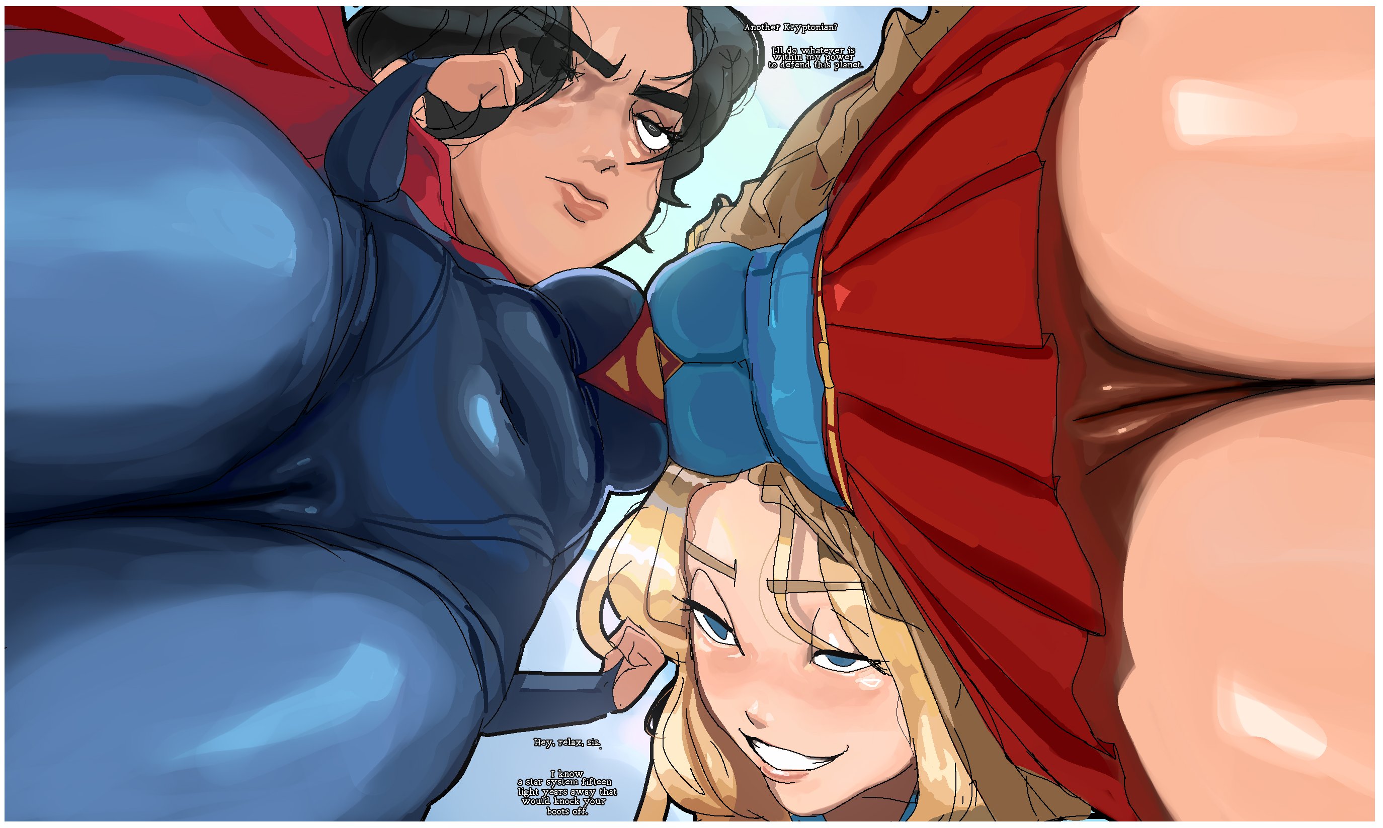 dolekat, supergirl, dc comics, dc extended universe, dc universe (franchise), superman (2025), superman (series), the flash (movie), commentary, english commentary, highres, 2girls, animification, asymmetrical docking, black eyes, blonde hair, blue bodysuit, blue eyes, blue sky, bodysuit, boots, bottomless, breast press, breasts, cameltoe, cape, clenched hands, covered navel, crop top, day, english text, female focus, from below, large breasts, leotard, lips, long hair, long sleeves, multiple girls, multiple views, navel, open mouth, pussy, red boots, red cape, selfcest, serious, shiny skin, short hair, skin tight, skirt, sky, sleeved leotard, smile, smug, superhero costume, superman logo
