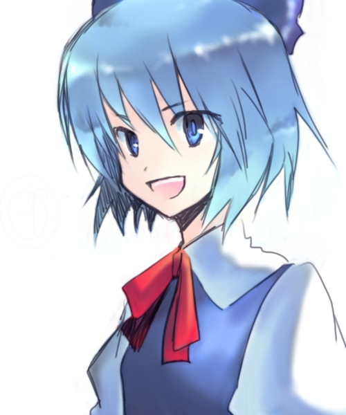 onimaru gonpei, cirno, embodiment of scarlet devil, touhou, 1girl, bow, female focus, simple background, solo