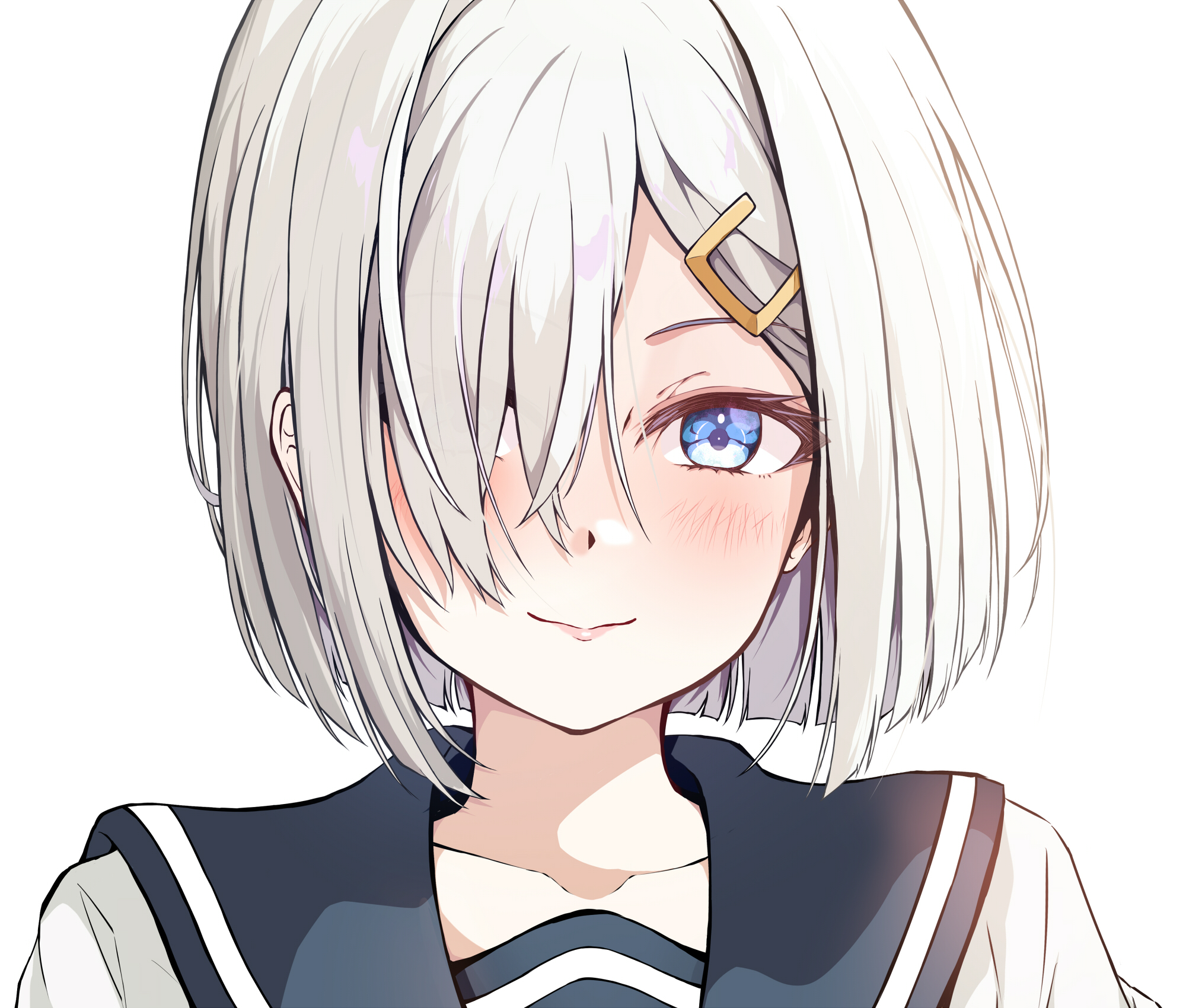 dairyo3, hamakaze (kancolle), kantai collection, commentary request, highres, 1girl, blue eyes, blue sailor collar, blush, closed mouth, collarbone, hair ornament, hair over one eye, hairclip, looking at viewer, one eye covered, parted bangs, portrait, sailor collar, shirt, short hair, simple background, smile, solo, white background, white hair, white shirt