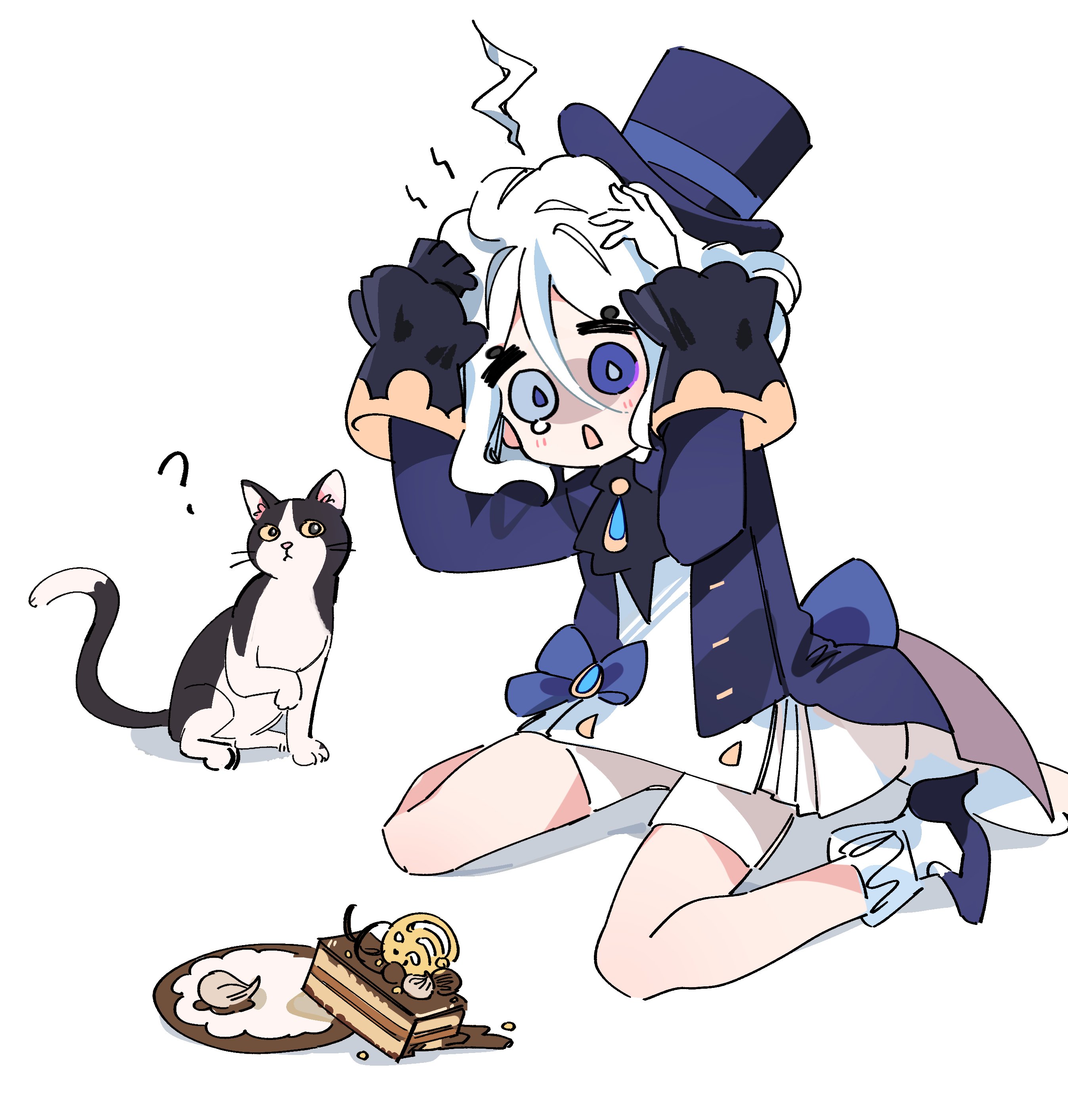 foxyreine, furina (genshin impact), genshin impact, absurdres, highres, 1girl, ?, ahoge, ascot, black gloves, blue eyes, blue hair, blue hat, blue jacket, cake, cake slice, cat, food, gloves, hair between eyes, hands on own head, hat, heterochromia, jacket, long hair, long sleeves, multicolored hair, open mouth, single glove, streaked hair, symbol-shaped pupils, top hat, white background, white hair