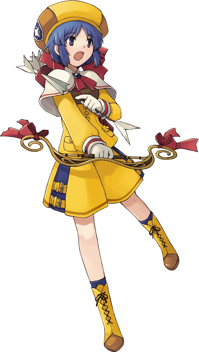 tobe sunaho, ticah, summon night, summon night twin age, highres, blue hair, boots, bow (weapon), hat, short hair, simple background, solo, weapon