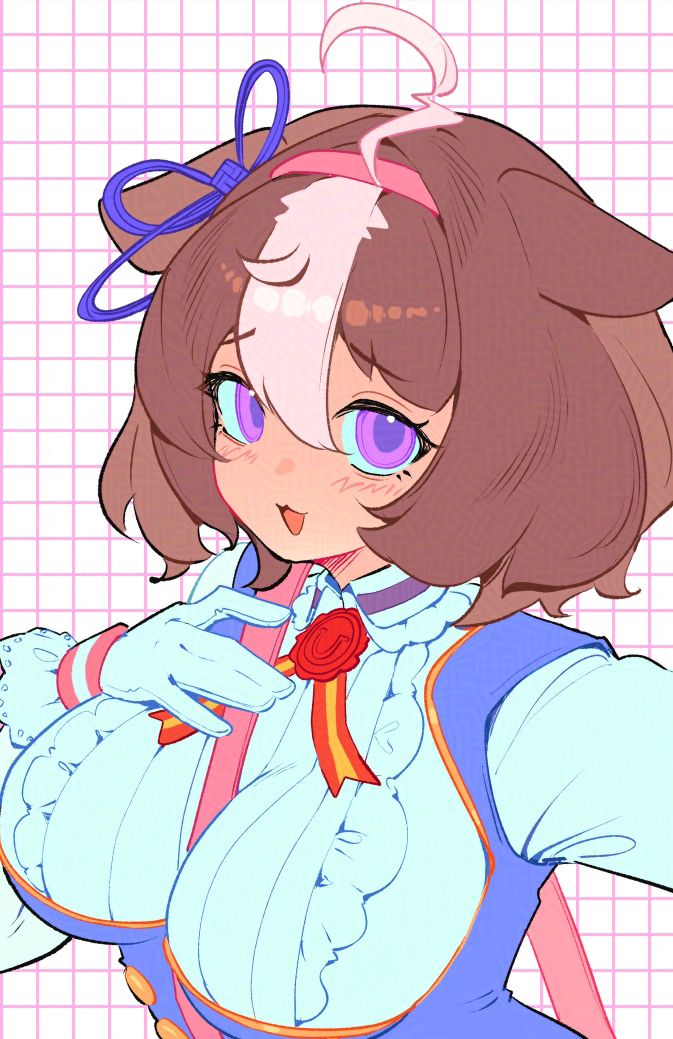 bea lenoir, meisho doto (umamusume), umamusume, 1girl, :3, ahoge, animal ears, blue ribbon, breasts, brown hair, gloves, grid background, hand on own chest, horse ears, horse girl, large breasts, medium hair, purple eyes, ribbon, solo, white gloves