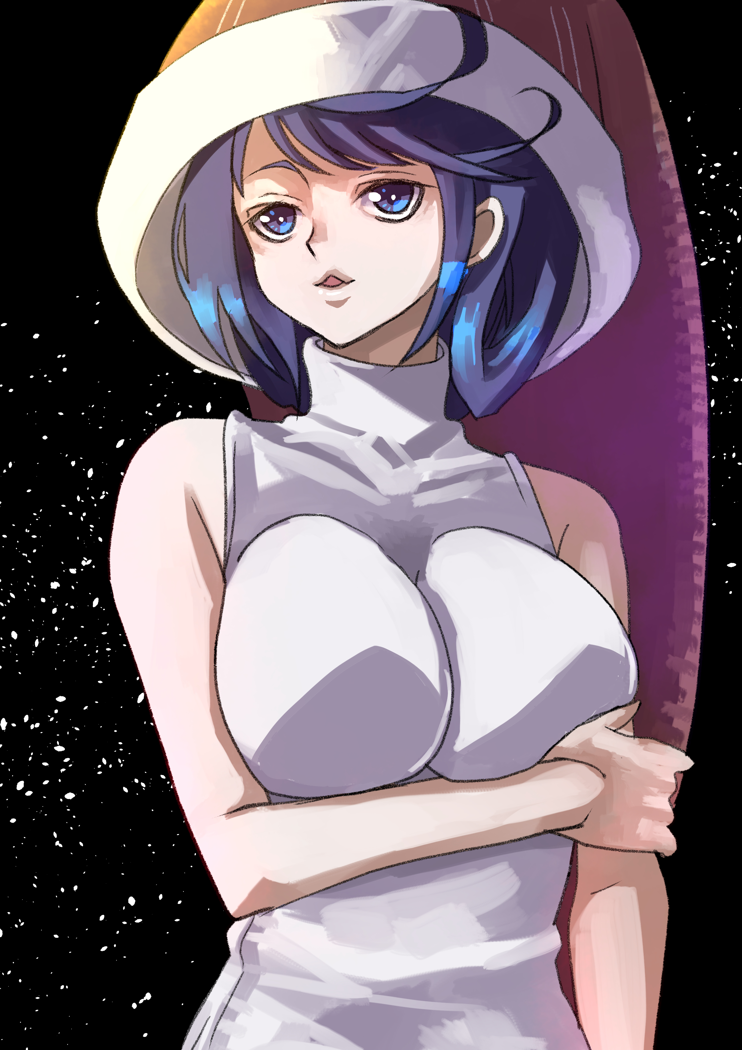 sawa (thinking nt), doremy sweet, touhou, absurdres, highres, 1girl, blue eyes, blue hair, breasts, dress, hat, large breasts, lips, looking at viewer, nightcap, open mouth, pom pom (clothes), red hat, single wing, sleeveless, sleeveless dress, sleeveless turtleneck, smile, solo, tail, tapir tail, turtleneck, wings