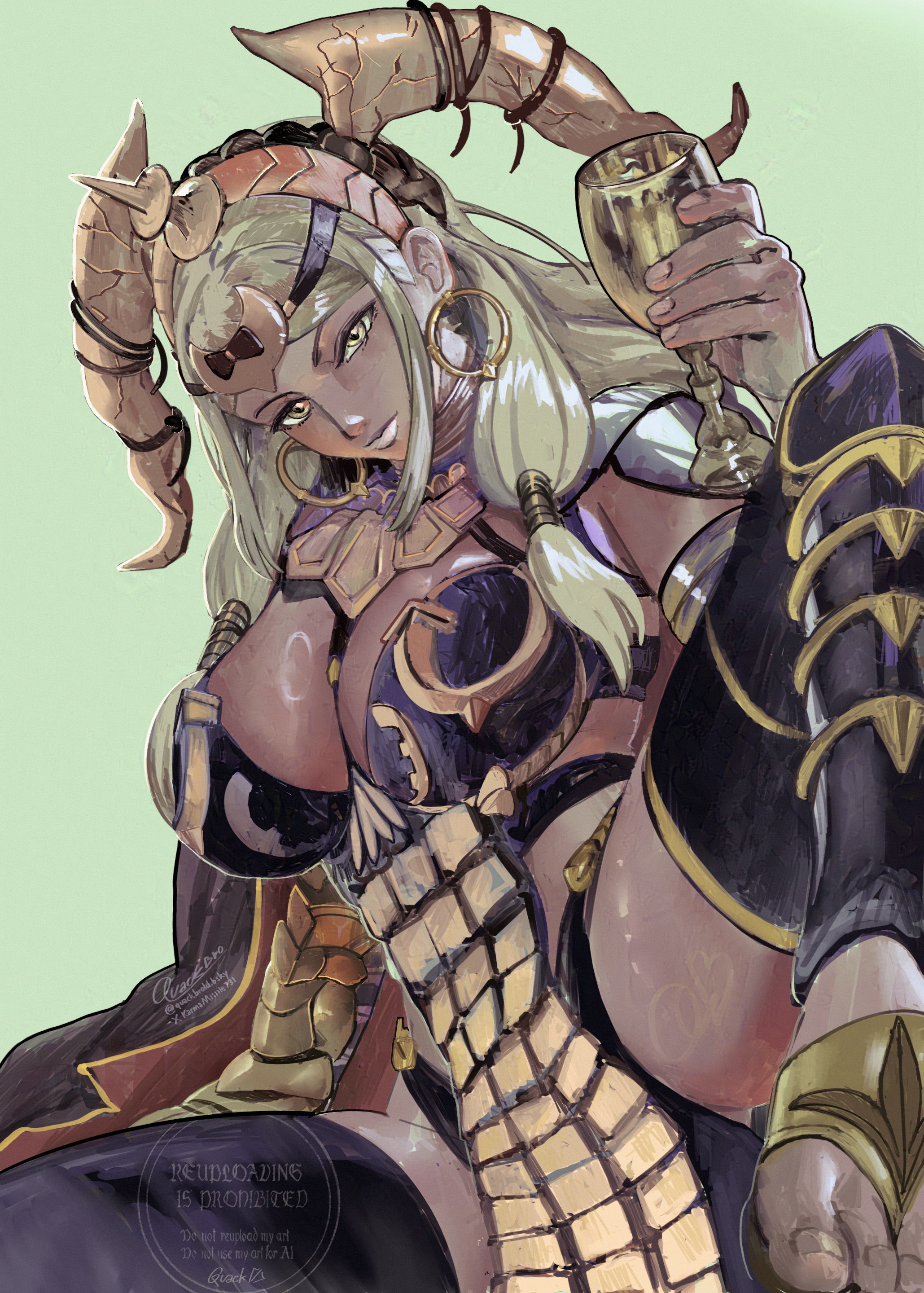 karmamissile731, theodora (fire emblem), fire emblem, fire emblem: fortune's weave, nintendo, absurdres, highres, 1girl, armor, black armor, blonde hair, blue eyes, breastplate, breasts, cleavage, cup, dark-skinned female, dark skin, earrings, fake horns, feet, gold earrings, holding, holding cup, hoop earrings, horns, jewelry, large breasts, looking at viewer, simple background, solo, toes