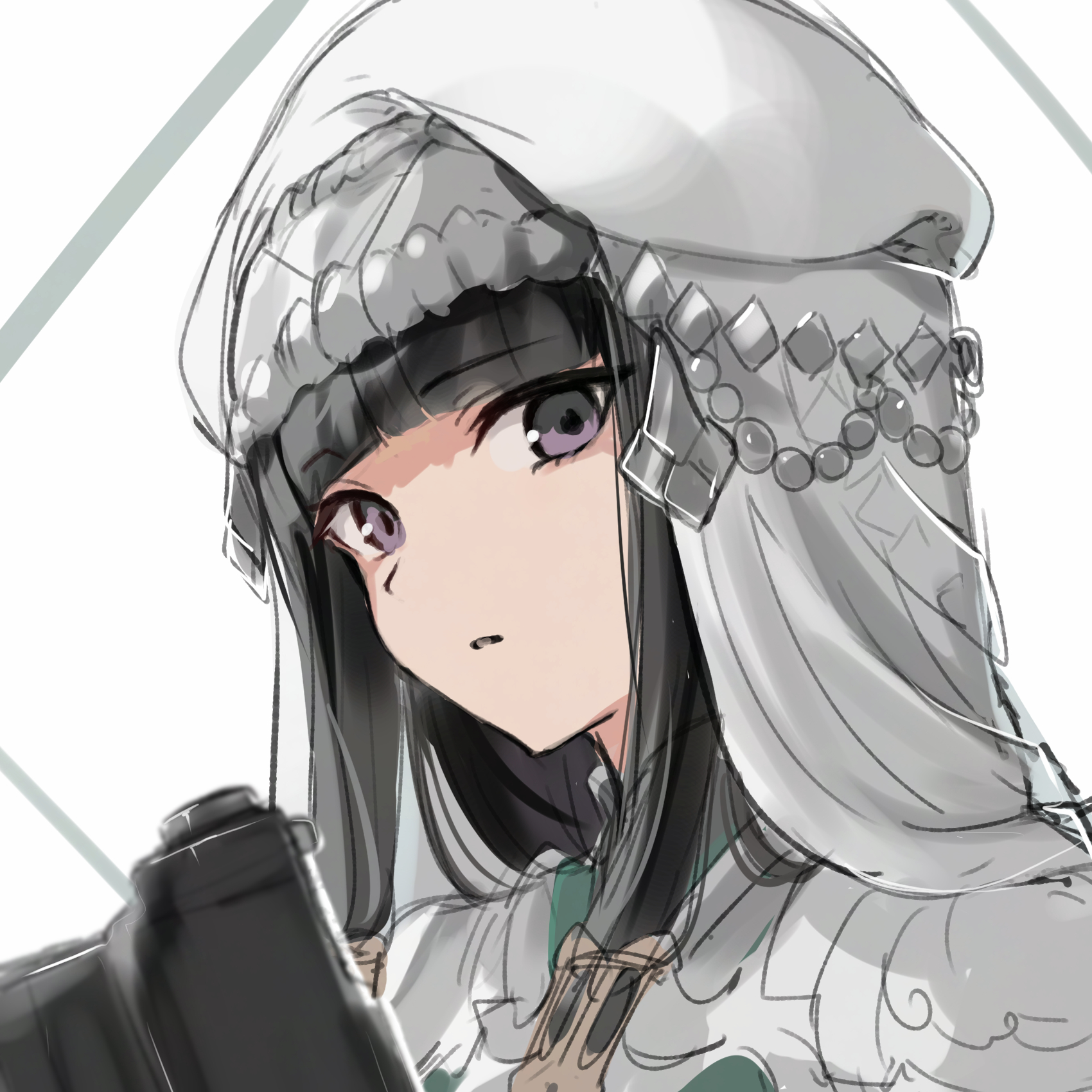 haru (nakajou-28), fire emblem, fire emblem: fortune's weave, nintendo, character request, highres, 1girl, black hair, closed mouth, dress, gun, holding, holding gun, holding weapon, long hair, looking at viewer, purple eyes, simple background, solo, upper body, veil, weapon, white dress, white veil