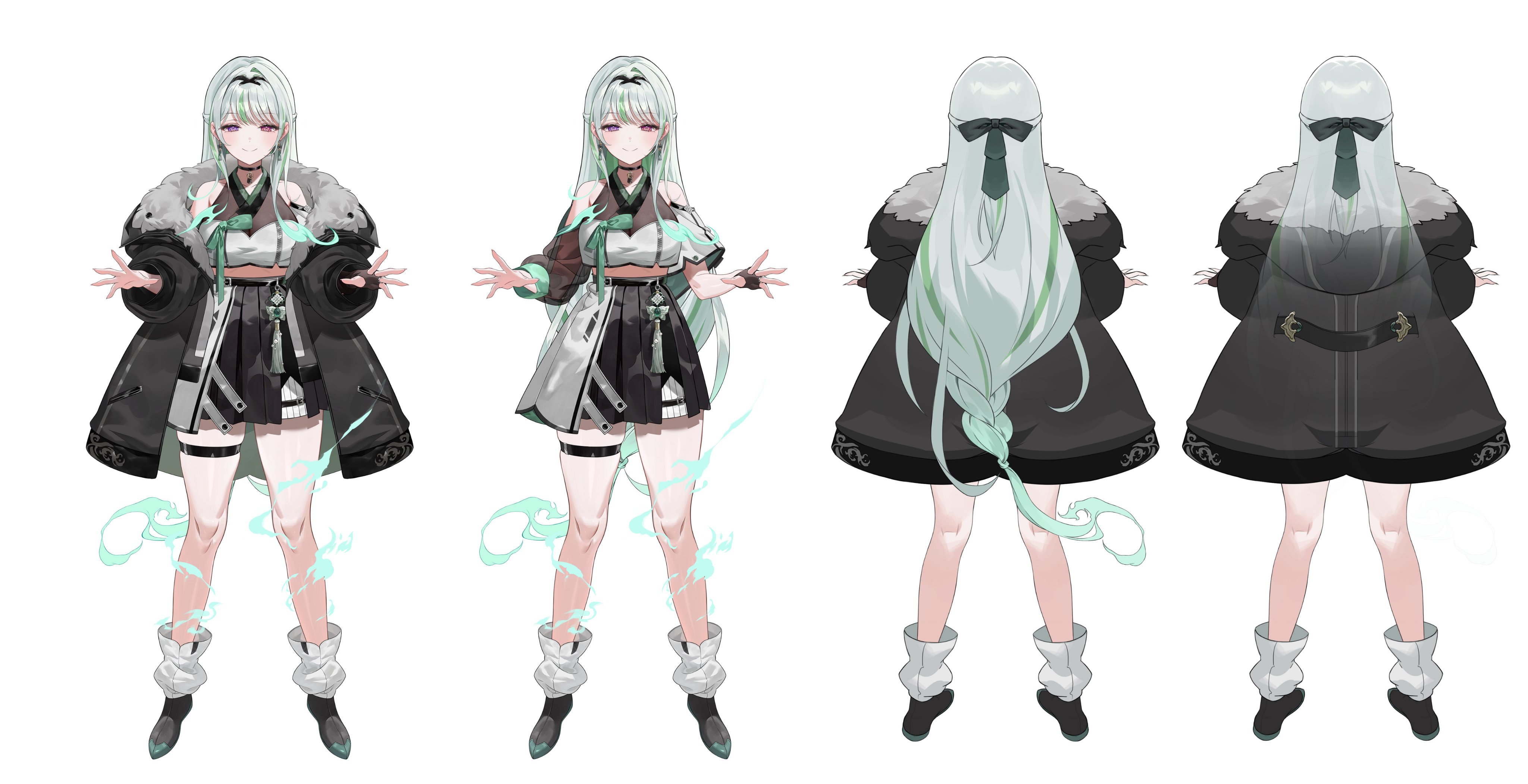 zutsuyaku, alias anono, v4mirai, absurdres, commentary, english commentary, highres, official art, second-party source, 1girl, alias anono (2nd costume), asymmetrical sleeves, black choker, black gloves, black jacket, black shoes, black skirt, braid, breasts, choker, closed mouth, crop top, detached sleeves, earrings, fingerless gloves, full body, fur-trimmed jacket, fur trim, ghost girl, gloves, green hair, grey hair, hair ribbon, heterochromia, high-waist skirt, jacket, jewelry, large breasts, long hair, long sleeves, loose socks, multicolored hair, multiple views, official alternate costume, open clothes, open jacket, pendant choker, pink eyes, pleated skirt, purple eyes, reference sheet, ribbon, shirt, shoes, short sleeves, single glove, skirt, smile, socks, streaked hair, thigh strap, uneven sleeves, virtual youtuber, white shirt, white socks, will-o'-the-wisp (mythology)