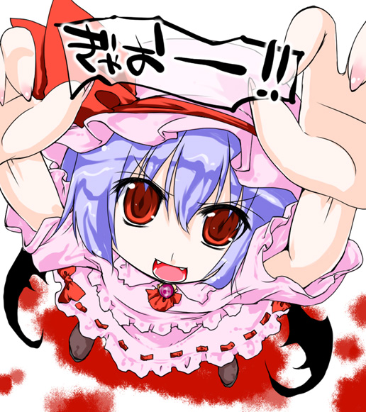 aoba shou, aowashou, remilia scarlet, touhou, 1girl, arms up, bat wings, blood, blue hair, dress, fangs, female focus, fingernails, foreshortening, from above, hair between eyes, hat, long fingernails, looking up, open mouth, pink dress, red eyes, shoes, short sleeves, solo, wings
