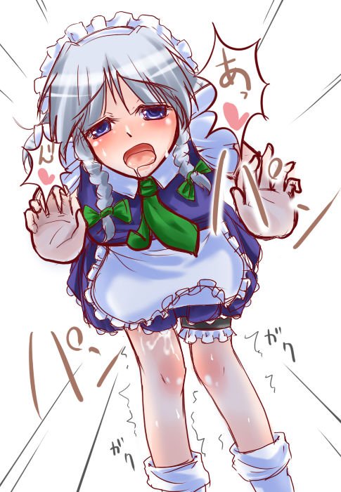 sayuu hanten, izayoi sakuya, touhou, 1girl, blue eyes, braid, clothed sex, maid, saliva, sex, short hair, solo, text focus, twin braids, white hair