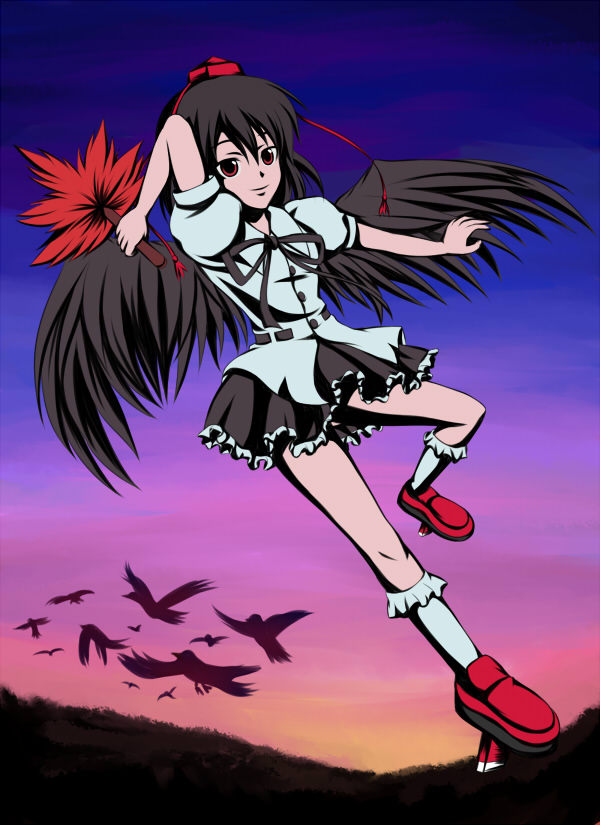 yujinmal, shameimaru aya, touhou, bad id, bad pixiv id, 1girl, black hair, black wings, female focus, geta, hat, looking at viewer, smile, solo, tengu-geta, wings