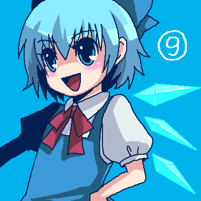 frafra, cirno, phantasmagoria of flower view, touhou, bad id, bad pixiv id, lowres, 1girl, blue background, blue eyes, blue hair, circled 9, female focus, matching hair/eyes, simple background, solo, upper body