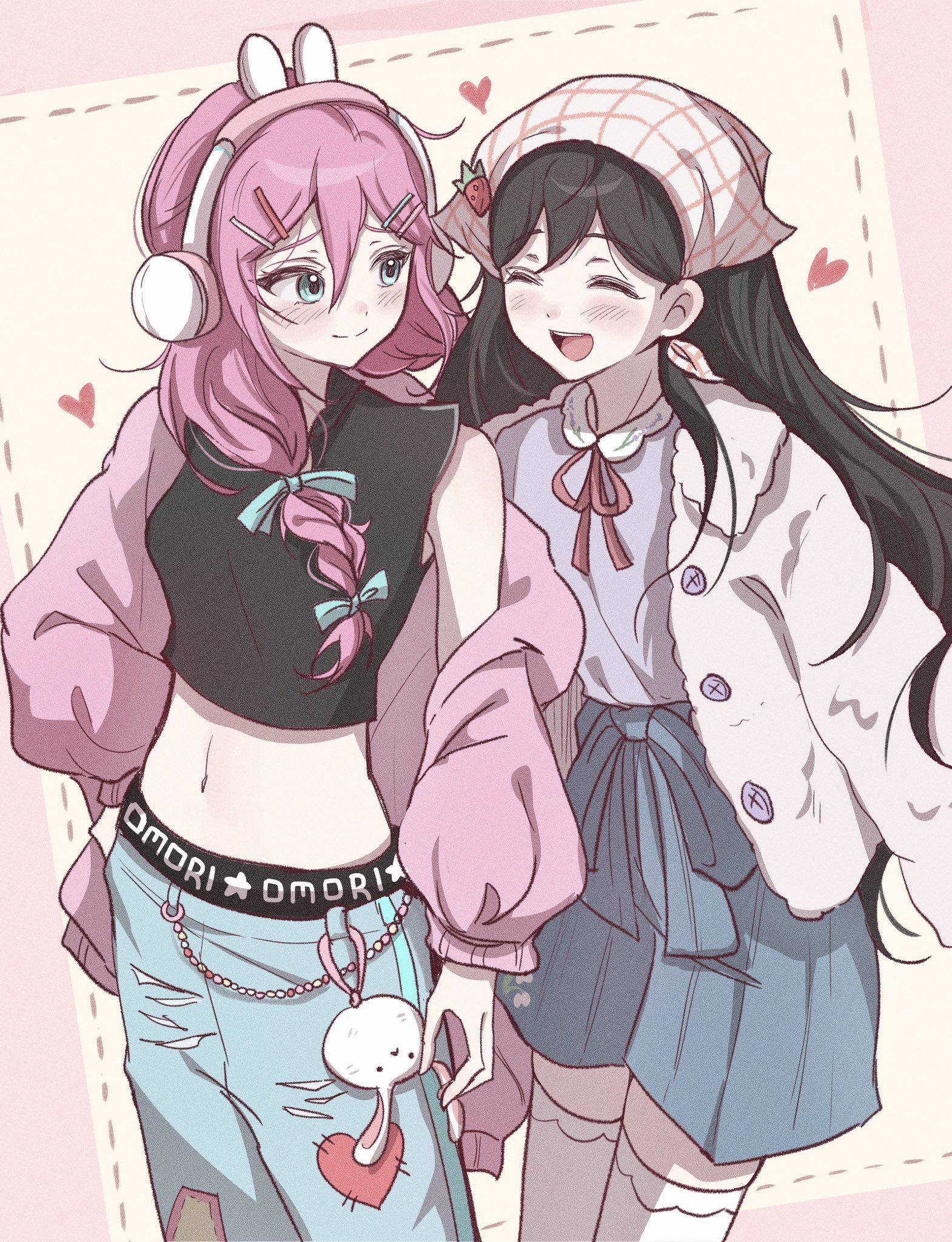 aubrey (birthday) (omori), aubrey (faraway) (omori), aubrey (omori), forest bunny? (omori), mari (birthday) (omori), mari (faraway) (omori), mari (omori), omori, highres, 2girls, animal ear headphones, animal ears, black hair, blue bow, blue eyes, blue skirt, blush, bow, braid, breasts, character charm, charm (object), closed eyes, closed mouth, crop top, denim, double-parted bangs, fake animal ears, hair between eyes, hair bow, hair ornament, hairclip, headphones, heart, jacket, jeans, long hair, looking at another, low twin braids, multiple girls, navel, pants, pink hair, pink jacket, rabbit ear headphones, skirt, small breasts, smile, thighhighs, torn clothes, torn jeans, torn pants, twin braids, white jacket, white thighhighs, wktdms1