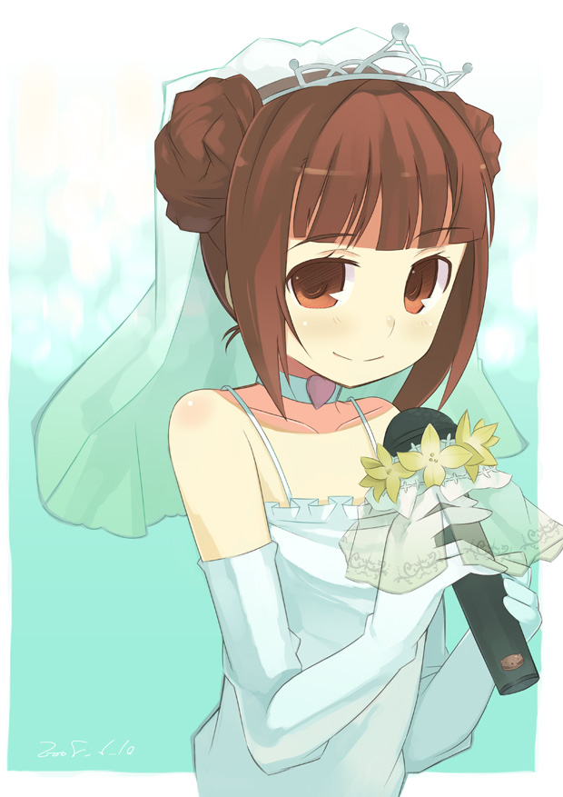 noripachi, takatsuki yayoi, idolmaster, idolmaster (classic), 00s, 1girl, alternate hairstyle, bridal veil, bride, brown eyes, brown hair, choker, dress, elbow gloves, female focus, gloves, microphone, smile, solo, tiara, veil, wedding dress