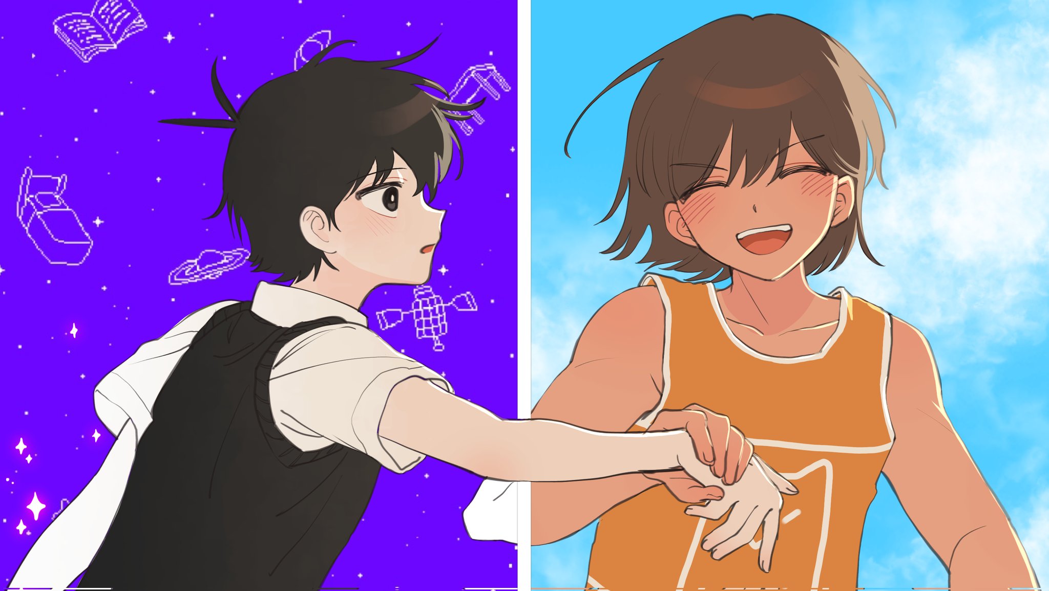 iomor snuuy, kel (faraway) (omori), kel (omori), sunny (omori), omori, corrupted twitter file, highres, 2boys, black eyes, black hair, black sweater vest, blush, bright pupils, brown hair, closed eyes, collarbone, collared shirt, dark-skinned male, dark skin, looking at another, male focus, multiple boys, open mouth, shirt, short hair, short sleeves, smile, sweater vest, teeth, upper teeth only, white pupils, white shirt