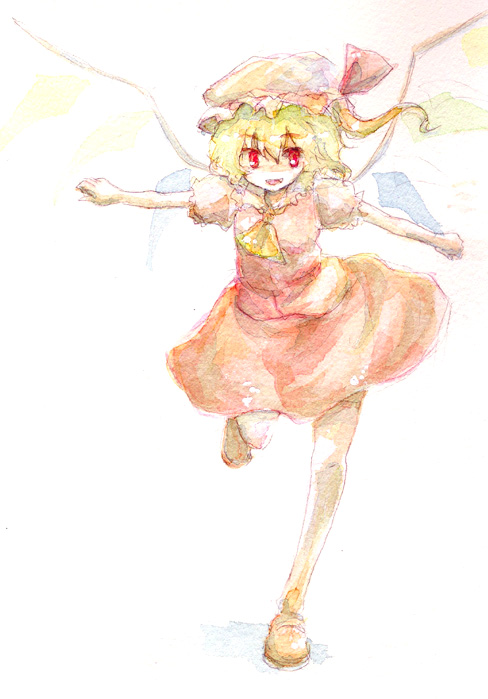 itsuki kuro, flandre scarlet, touhou, bad id, bad pixiv id, painting (medium), traditional media, watercolor (medium), 1girl, blonde hair, blouse, female focus, full body, hair between eyes, hat, mob cap, red eyes, shirt, solo, white background, white hat, white shirt, wings