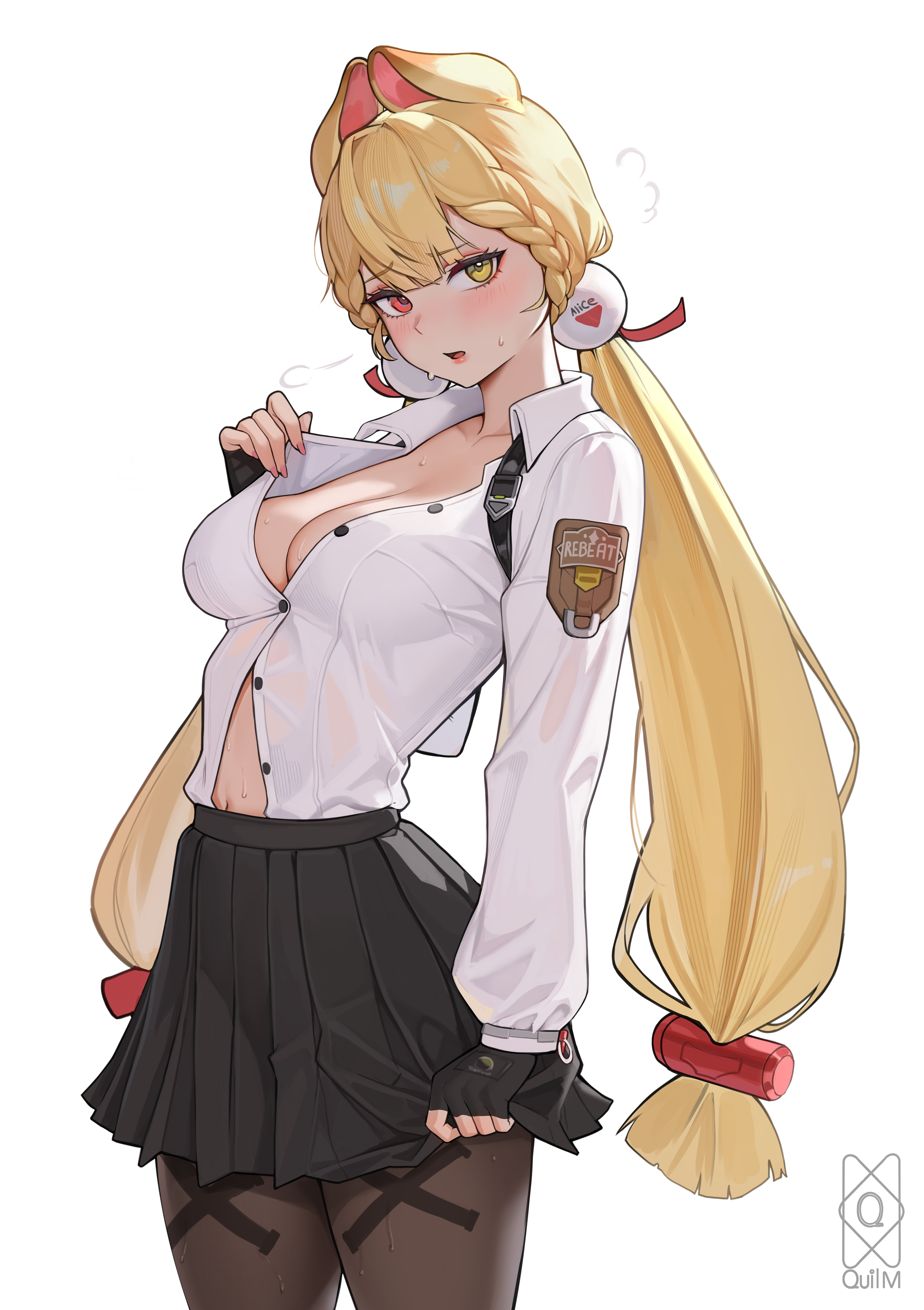 quilm, alice thymefield, zenless zone zero, absurdres, highres, 1girl, animal ears, black gloves, black pantyhose, black skirt, blonde hair, blush, braid, breasts, cleavage, collared shirt, cowboy shot, fingerless gloves, gloves, hair ornament, heterochromia, high-waist skirt, long hair, long sleeves, looking at viewer, low twintails, navel, pantyhose, parted lips, partially unbuttoned, pleated skirt, rabbit ears, rabbit girl, red eyes, shirt, simple background, skirt, solo, sphere hair ornament, sweat, twintails, unbuttoned, unbuttoned shirt, very long hair, white background, white shirt, yellow eyes