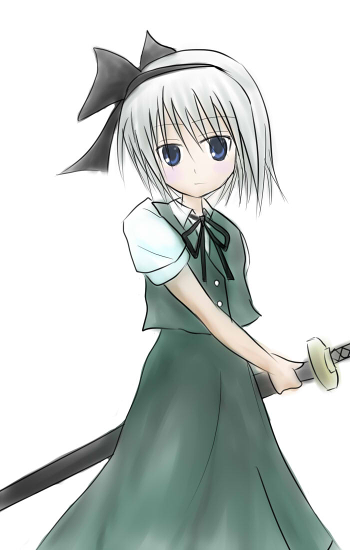 konpaku youmu, touhou, 1girl, bad anatomy, blue eyes, female focus, poorly drawn, simple background, solo, white background, white hair