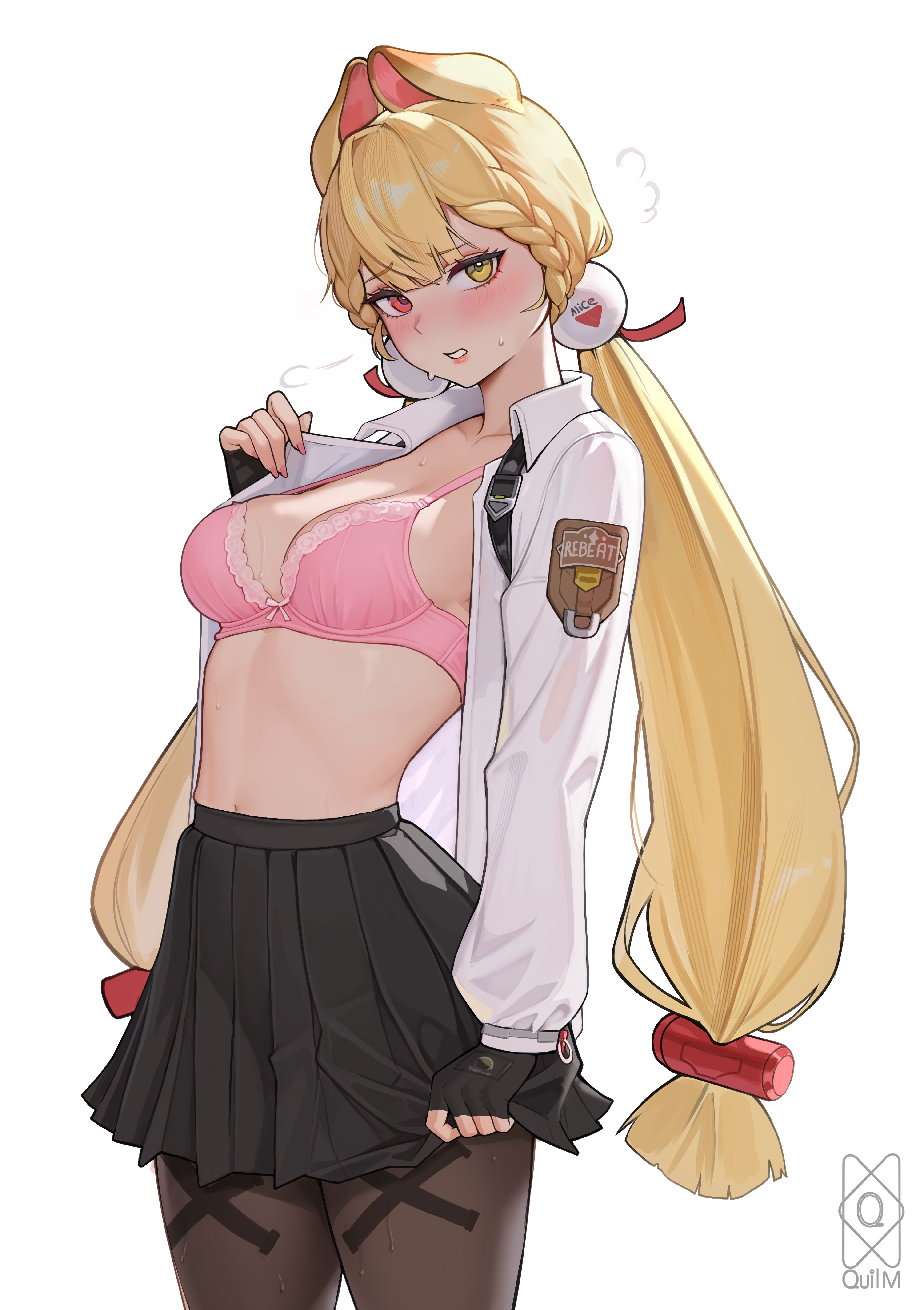 quilm, alice thymefield, zenless zone zero, absurdres, highres, 1girl, animal ears, black gloves, black pantyhose, black skirt, blonde hair, blush, bra, braid, breasts, cleavage, collared shirt, cowboy shot, fingerless gloves, gloves, hair ornament, heterochromia, high-waist skirt, long hair, long sleeves, looking at viewer, low twintails, navel, open clothes, open shirt, pantyhose, parted lips, pink bra, pleated skirt, rabbit ears, rabbit girl, red eyes, shirt, simple background, skirt, solo, sphere hair ornament, sweat, twintails, underwear, very long hair, white background, white shirt, yellow eyes