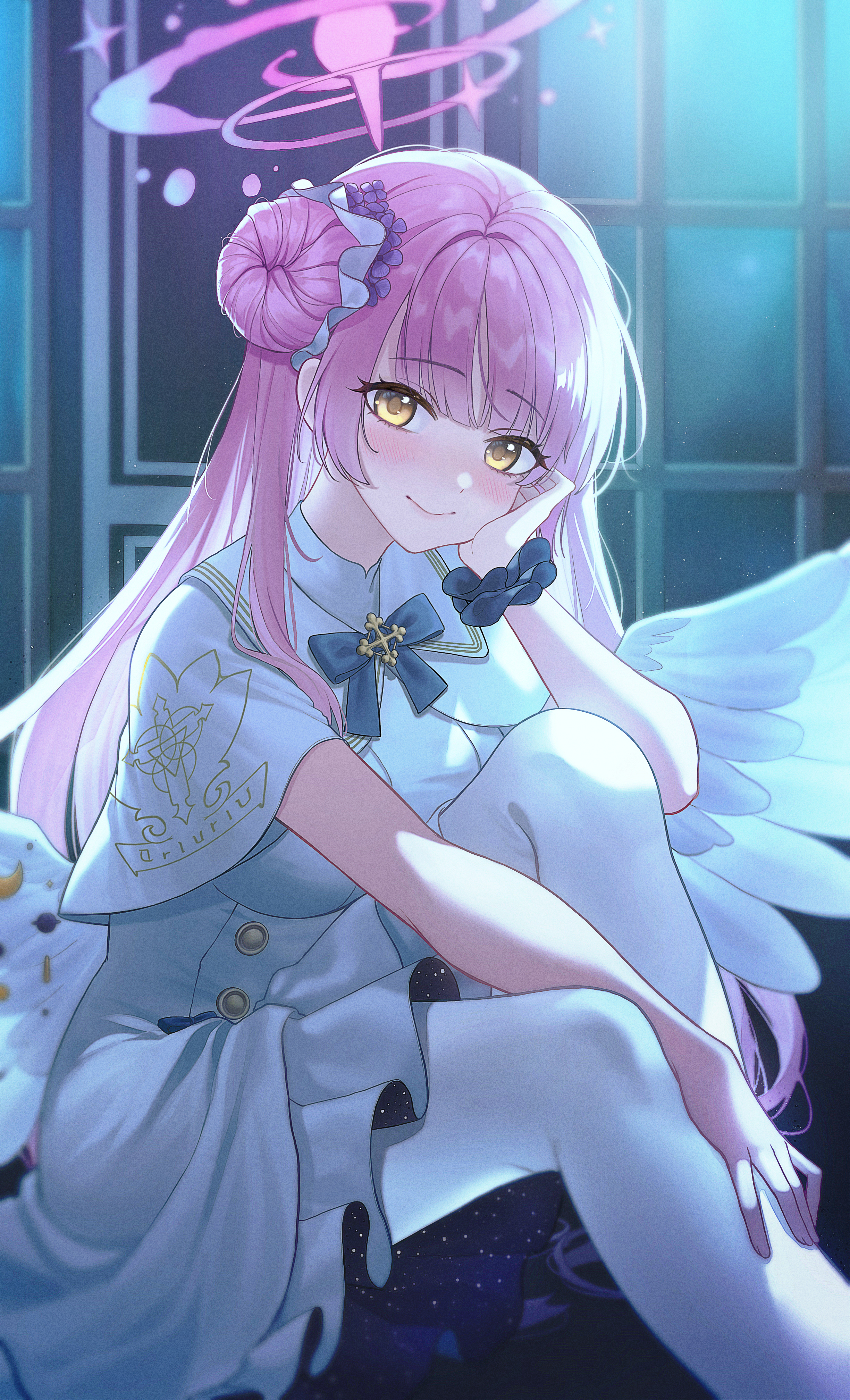 rydr93, mika (blue archive), blue archive, absurdres, highres, 1girl, angel wings, blue bow, blush, bow, breasts, buttons, capelet, closed mouth, dress, feathered wings, flower, gold trim, hair bun, hair flower, hair ornament, halo, hand on own cheek, hand on own face, indoors, long hair, looking at viewer, low wings, medium breasts, night, pantyhose, pink hair, pink halo, scrunchie, single hair bun, single side bun, smile, solo, very long hair, white capelet, white dress, white overskirt, white pantyhose, white wings, window, wing ornament, wings, wrist scrunchie, yellow eyes