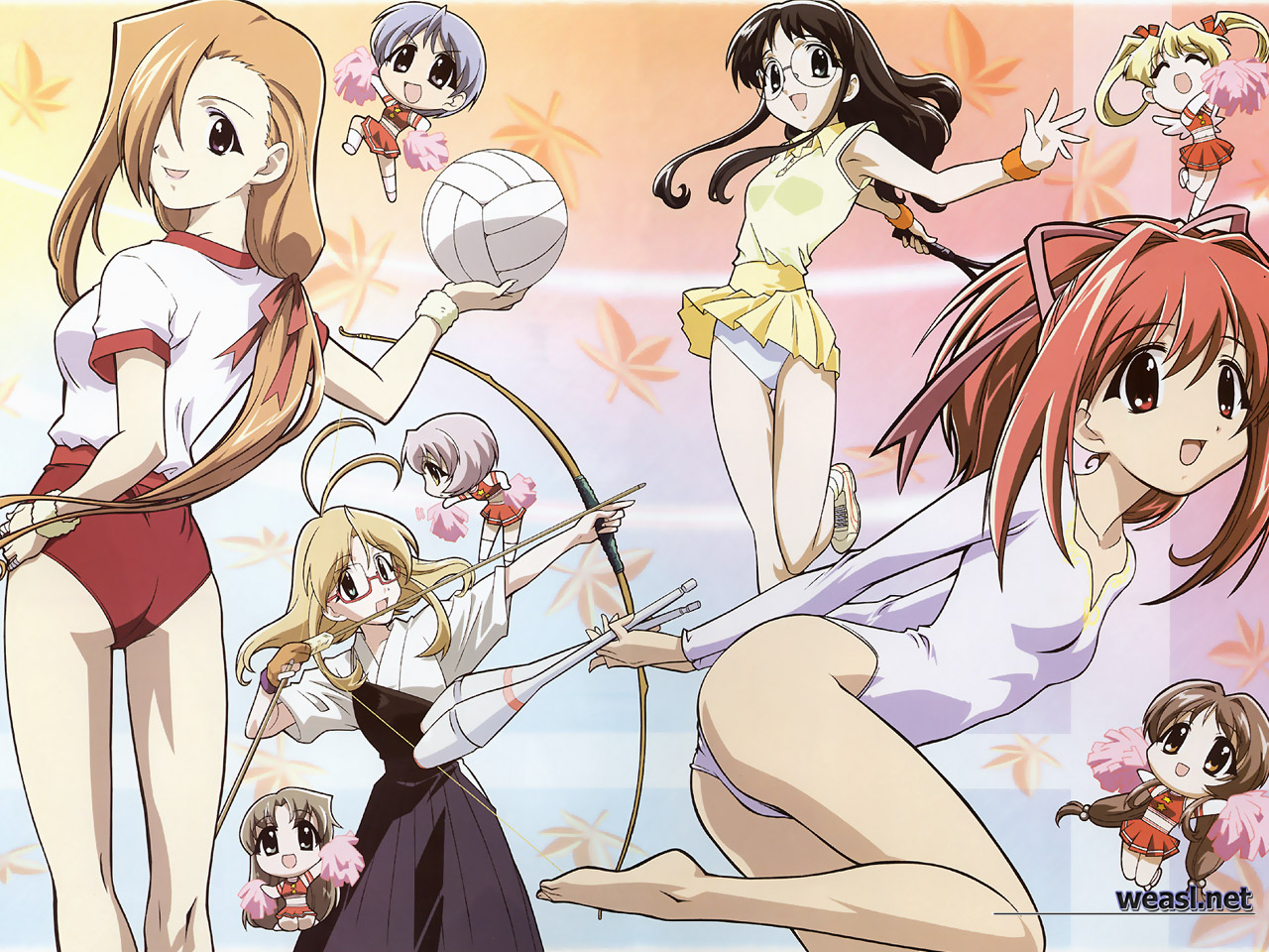 gokajo satsuki, gokajou satsuki, ichimonji mutsuki, nanakorobi fumitsuki, ninomai kisaragi, rokumatsuri minazuki, sanzein yayoi, sanzen'in yayoi, shitenno uzuki, togakushi kanna, happy lesson, 00s, 6+girls, antenna hair, archery, ass, ball, barefoot, bow (weapon), buruma, cheerleader, chibi, everyone, feet, glasses, gloves, gym uniform, gymnastics, hair ribbon, hakama, hakama skirt, japanese clothes, juggling club, kyuudou, leotard, multiple girls, muneate, open mouth, panties, pantyshot, partially fingerless gloves, partly fingerless gloves, pom pom (cheerleading), ponytail, rhythmic gymnastics, ribbon, single glove, skirt, smile, sportswear, tennis, tennis uniform, toes, twintails, underwear, volleyball, volleyball (object), watermark, weapon, yugake