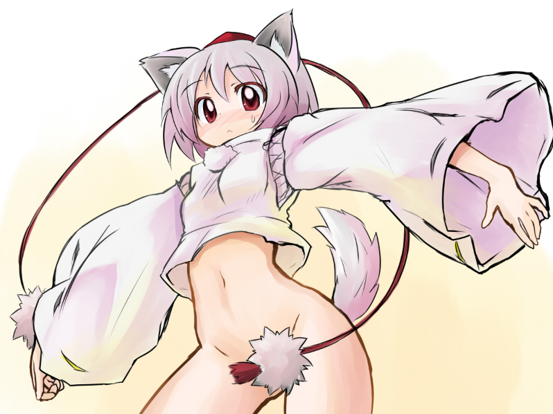 mirino, inubashiri momiji, touhou, 1girl, :<, animal ears, bottomless, censored, convenient censoring, female focus, groin, hat, hip focus, navel, outstretched arms, pink hair, red eyes, solo, spread arms, sweatdrop, tail, tokin hat, wide sleeves, wolf ears