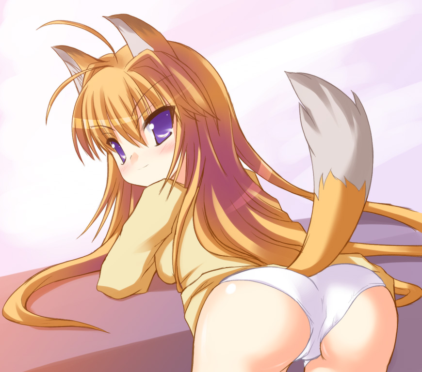 safi, minamoto chizuru, kanokon, 00s, 1girl, animal ears, ass, bent over, blue eyes, female focus, fox ears, fox girl, fox tail, long hair, orange hair, panties, solo, tail, underwear