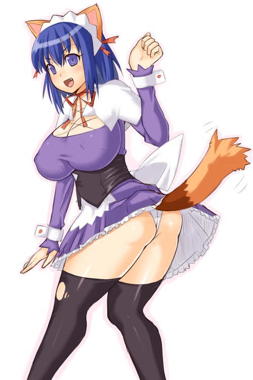nagase haruhito, kokubunji koyori, nurse witch komugi-chan, 00s, 1girl, animal ears, ass, blue eyes, blue hair, breasts, covered erect nipples, dress, fang, female focus, hairband, huge breasts, maid, matching hair/eyes, panties, purple skirt, skirt, solo, tail, thighhighs, torn clothes, torn thighhighs, underwear, white panties