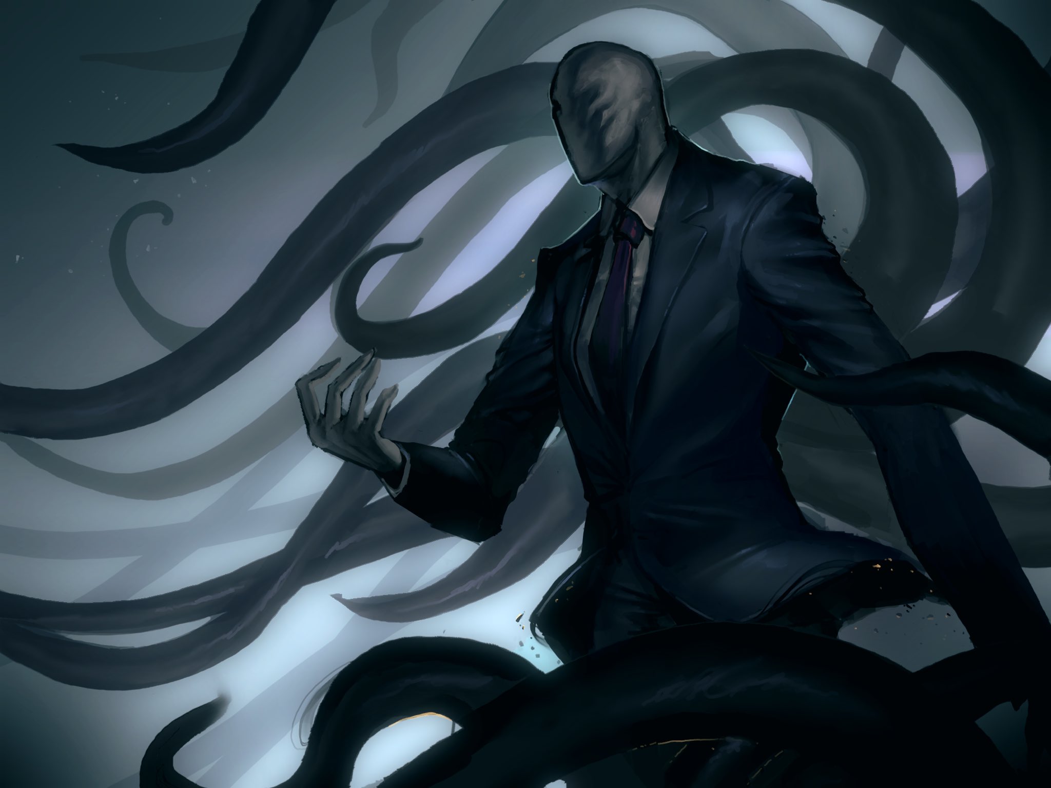 slender man, creepypasta, highres, 1boy, black coat, black suit, black vest, claw pose, coat, collared shirt, dark, deftnm, faceless, formal clothes, gloves, male focus, necktie, purple necktie, shirt, solo, suit, tentacles, vest, white gloves, white shirt