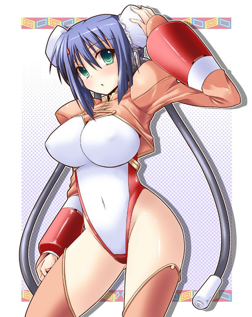 shinshin, mei-fang, aq interactive, arcana heart, atlus, examu, 1girl, blue hair, breasts, bun cover, covered erect nipples, double bun, female focus, green eyes, hair bun, large breasts, shrug (clothing), solo, thighhighs