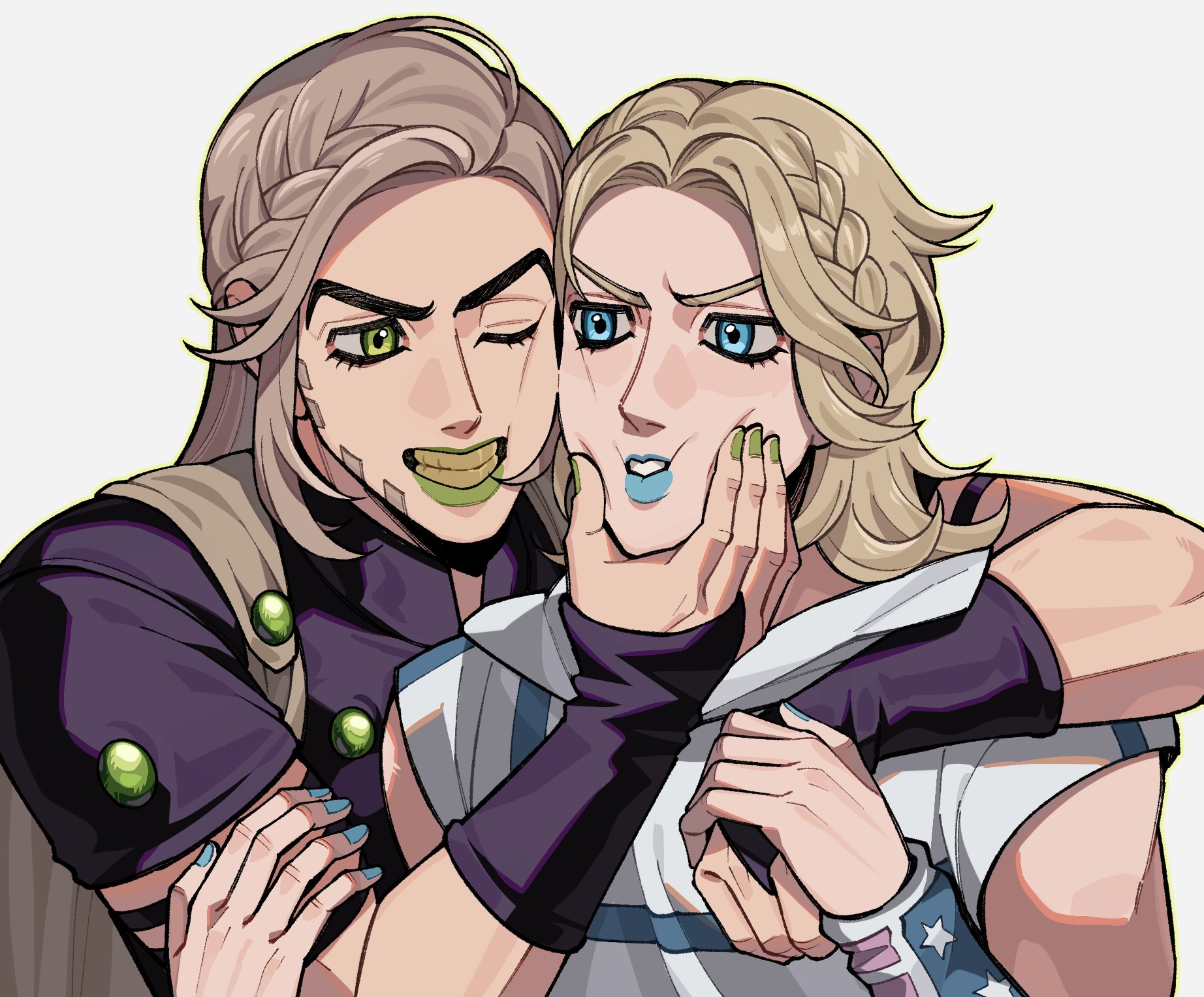 gyro zeppeli, johnny joestar, jojo no kimyou na bouken, steel ball run, commentary request, highres, 2boys, 3kyu4ever, alternate hairstyle, american flag, american flag print, beard, blonde hair, blue eyes, blue lips, blue nails, braid, bridal gauntlets, brown cape, brown hair, cape, cheek-to-cheek, cheek squash, facial hair, flag print, green eyes, green lips, green nails, grin, hand on another's face, heads together, hood, hood down, hoodie, long hair, makeup, male focus, multiple boys, no headwear, one eye closed, purple bridal gauntlets, purple shirt, shirt, short sleeves, smile, star (symbol), star print, white background, white hoodie