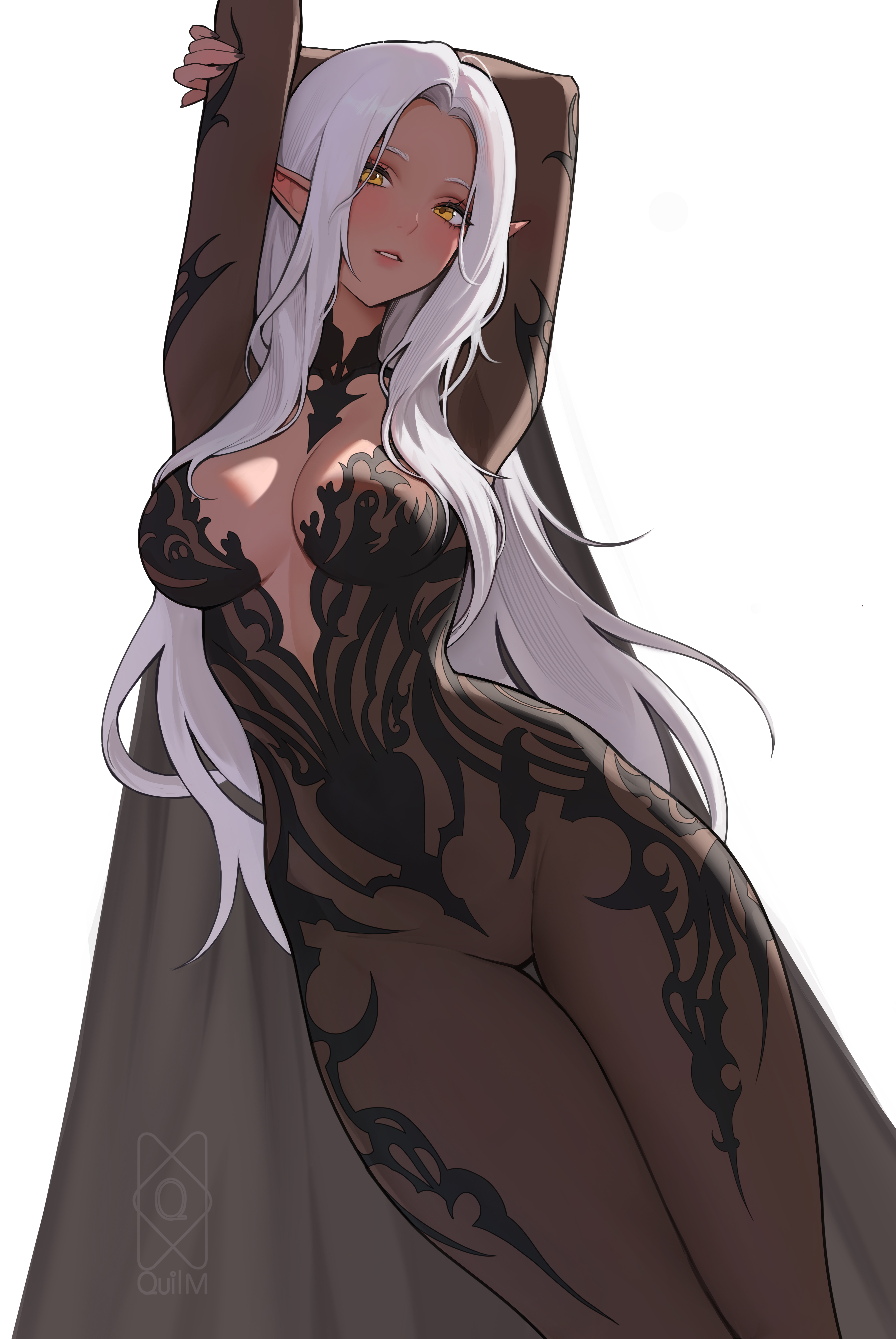 quilm, original, black bodystocking, absurdres, commission, highres, 1girl, arms up, blush, bodystocking, breasts, cape, chronopattern dress, cleavage, dark-skinned female, dark elf, dark skin, elf, grey cape, large breasts, long hair, looking at viewer, parted lips, pixiv username, plunging neckline, pointy ears, see-through clothes, simple background, solo, thigh gap, watermark, white background, white hair, yellow eyes