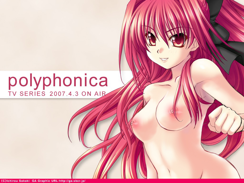 kannatsuki noboru, corticarte apa lagranges, shinkyoku soukai polyphonica, beige background, nude filter, third-party edit, 00s, 1girl, armpits, black ribbon, breasts, copyright name, dated, female focus, foreshortening, from side, grin, groin, hair between eyes, hair intakes, hair ribbon, happy, long hair, looking at viewer, navel, nipples, nude, red eyes, red hair, ribbon, sidelocks, simple background, smile, solo, upper body, very long hair, watermark, web address
