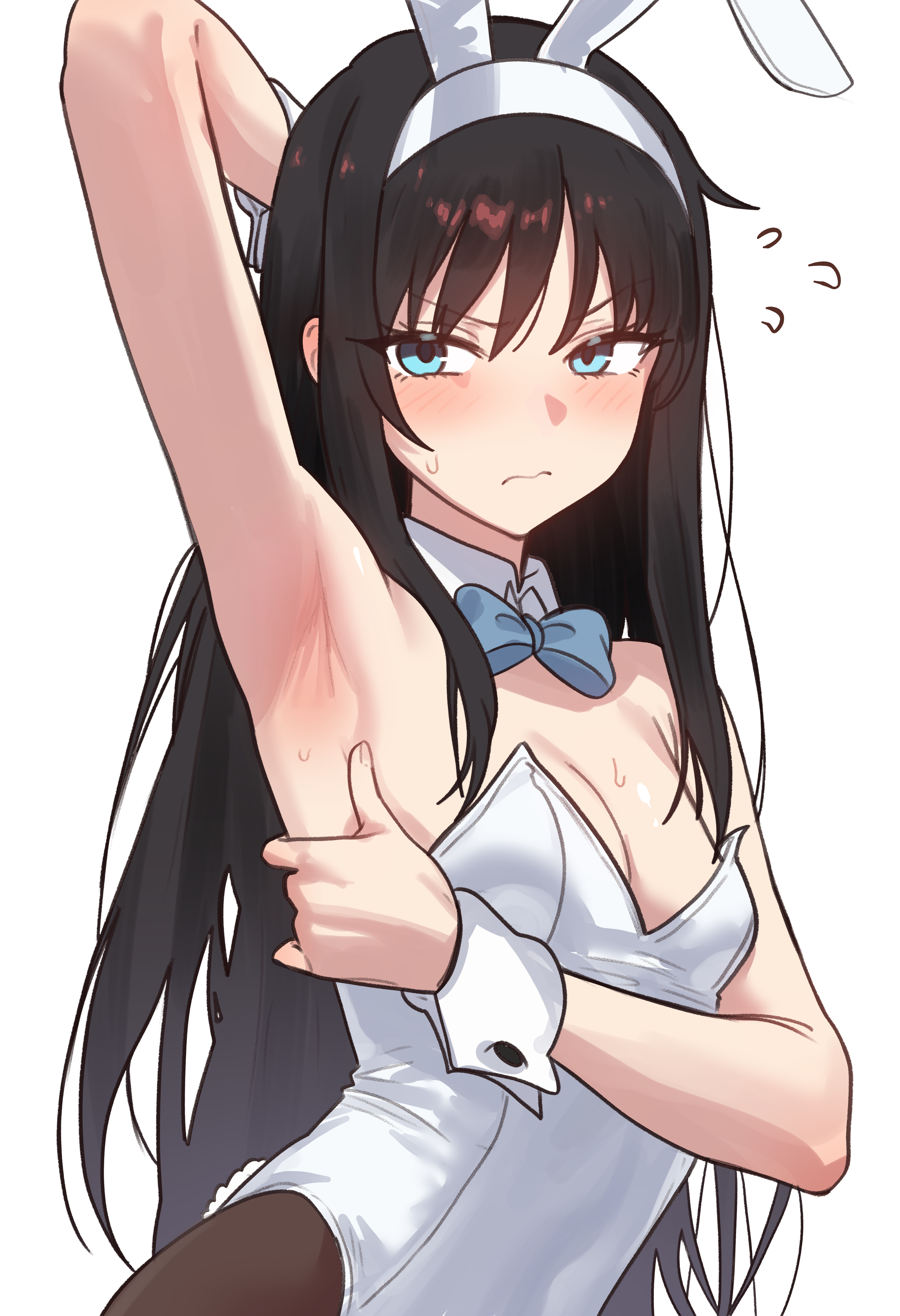 ebora, tohno akiha, tsukihime, absurdres, bad link, highres, 1girl, animal ears, arm up, armpit focus, armpits, bare shoulders, black hair, blue eyes, blush, bow, bowtie, breasts, brown pantyhose, cleavage, closed mouth, detached collar, fake animal ears, fake tail, hairband, leotard, long hair, long skirt, looking at viewer, pantyhose, playboy bunny, presenting armpit, rabbit ears, rabbit tail, skirt, small breasts, solo, sweat, tail, white leotard, wrist cuffs